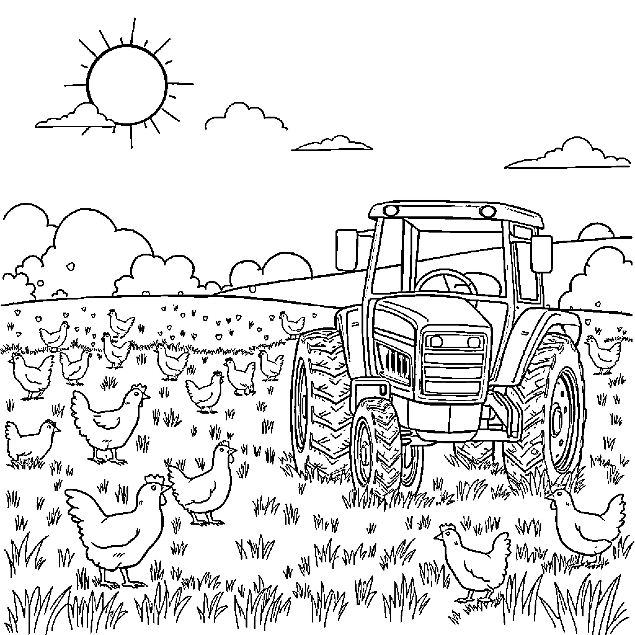 Tractor plowing through a farm field with chickens Coloring Page (free black-and-white line drawing printable PDF for all, from beginners to advanced learners, including children, teens, adults, and seniors)