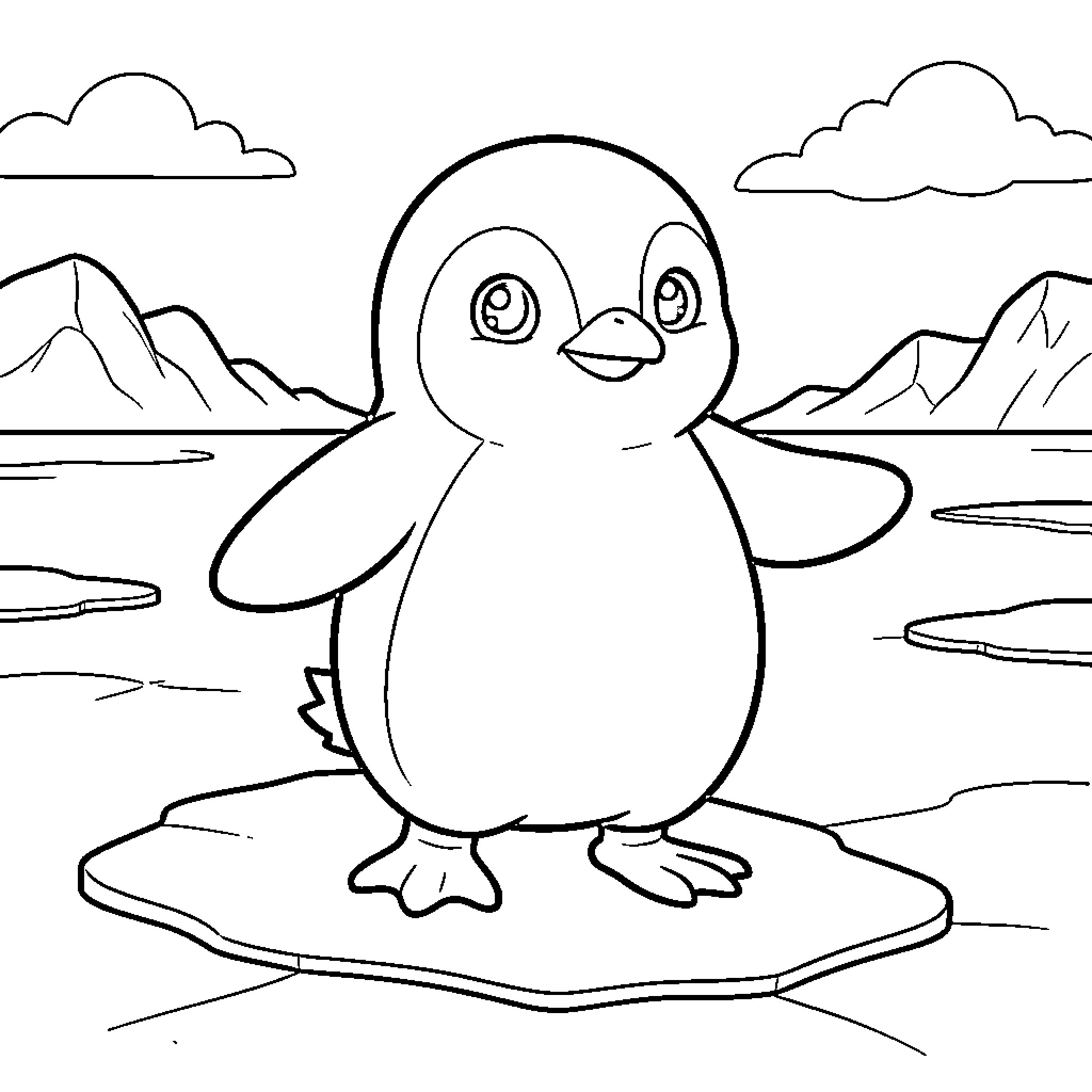 Penguin standing happily on an ice floe Coloring Page (free black-and-white line drawing printable PDF for all, from beginners to advanced learners, including children, teens, adults, and seniors)