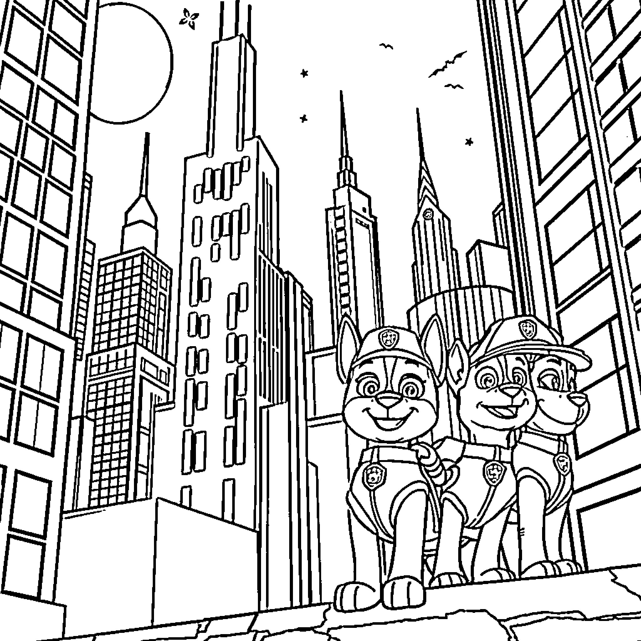 Paw Patrol characters in the city Coloring Page (free black-and-white line drawing printable PDF for all, from beginners to advanced learners, including children, teens, adults, and seniors)