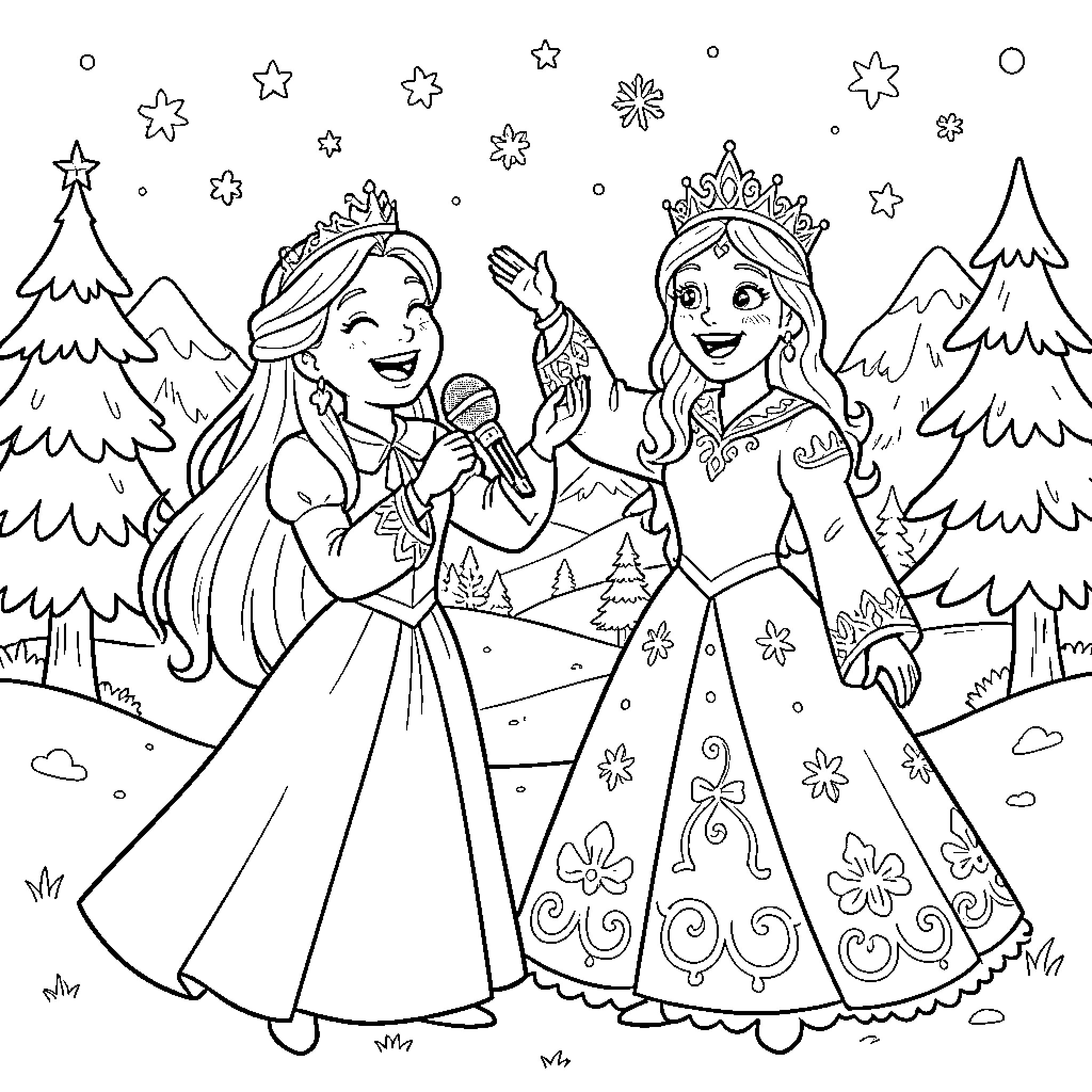Romi and her friend singing happily in the snowy forest Coloring Page (free black-and-white line drawing printable PDF for all, from beginners to advanced learners, including children, teens, adults, and seniors)