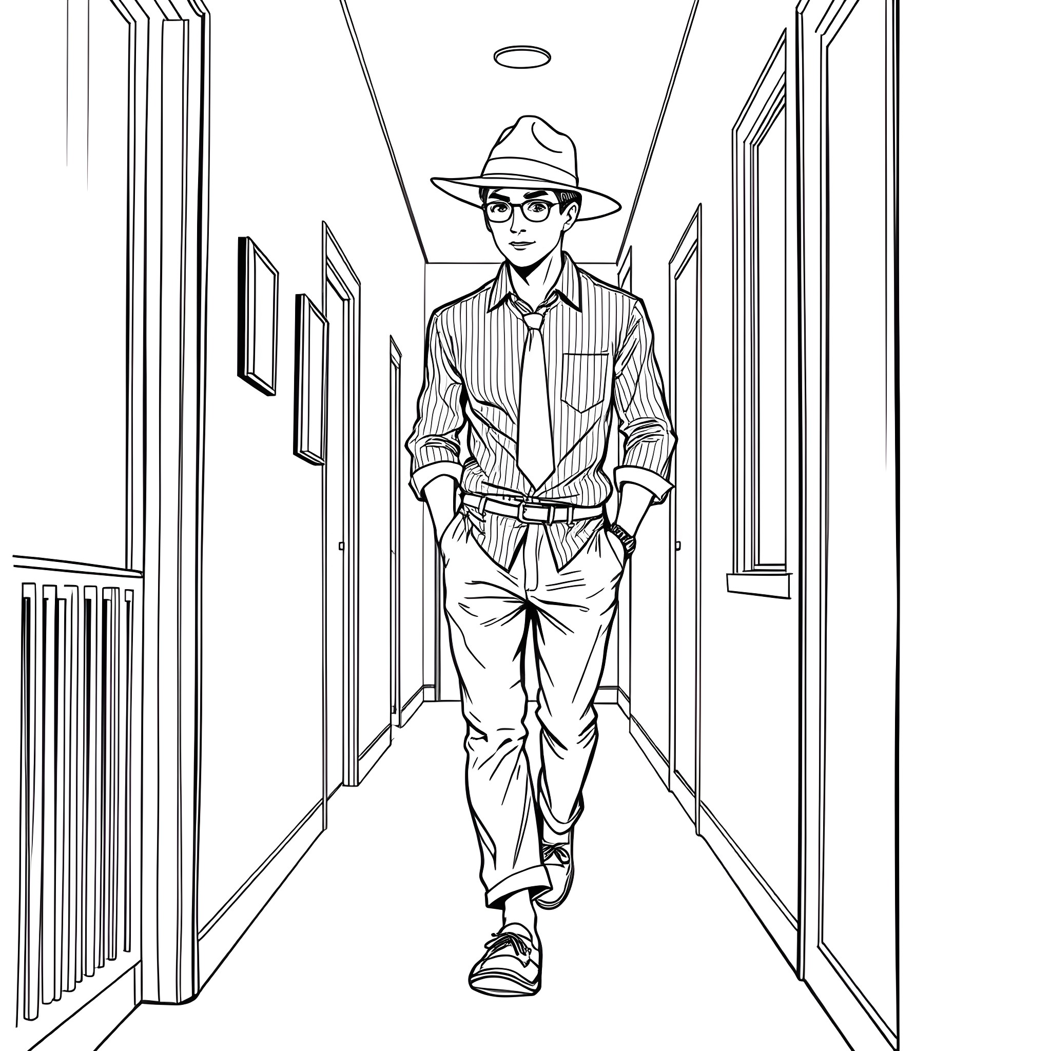 Teen Guy Walking Casually in Hallway Coloring Page (free black-and-white line drawing printable PDF for all, from beginners to advanced learners, including children, teens, adults, and seniors)