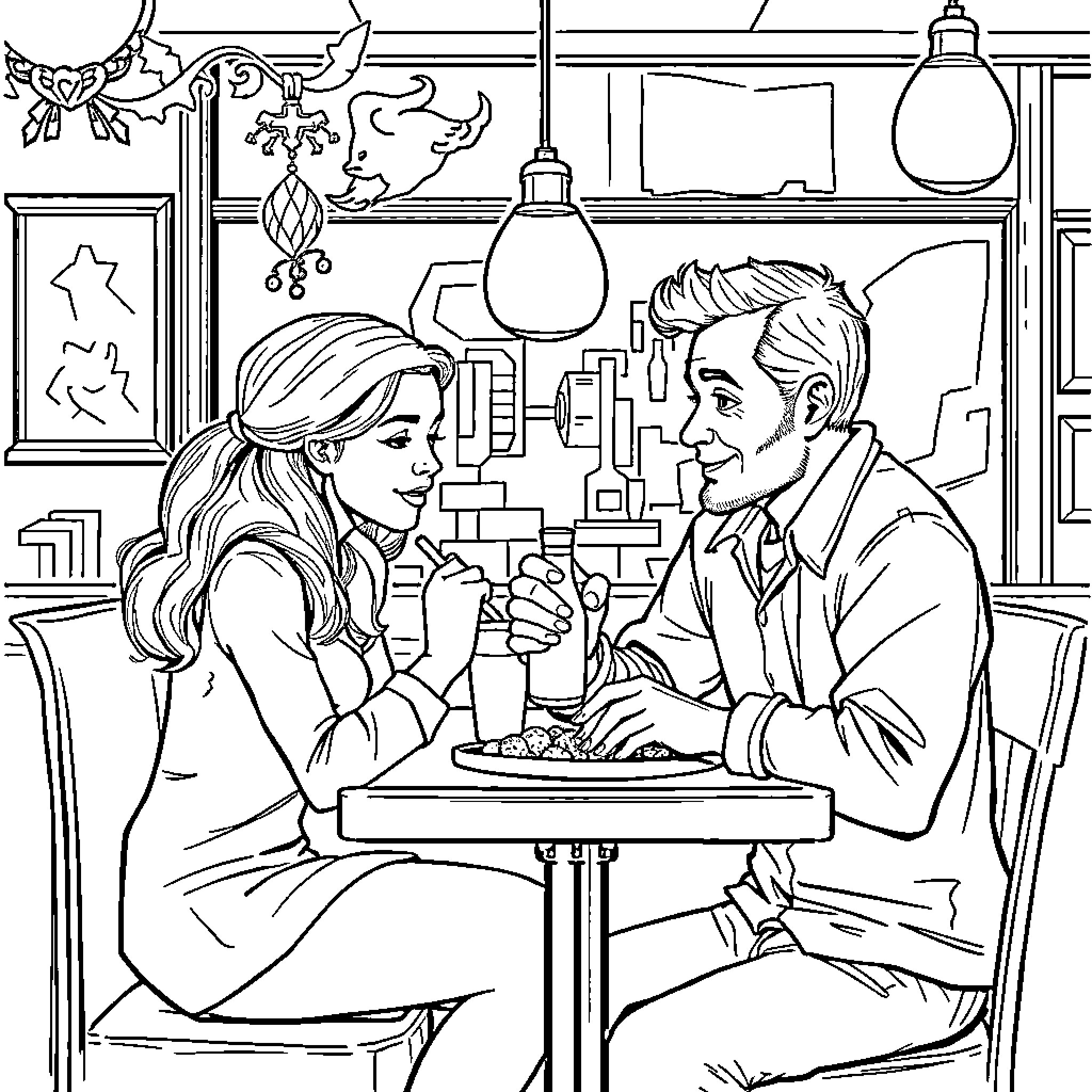 Bella and her companion enjoy a cozy cafe setting Coloring Page (free black-and-white line drawing printable PDF for all, from beginners to advanced learners, including children, teens, adults, and seniors)