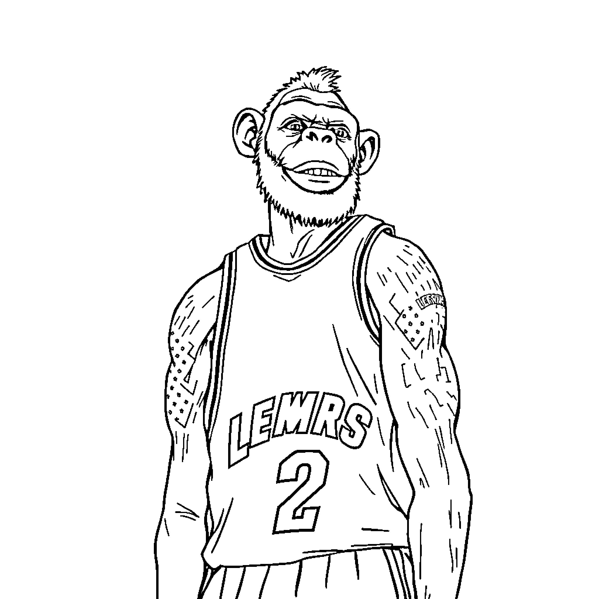 LeBron James Cartoon Character in Basketball Jersey Coloring Page (free black-and-white line drawing printable PDF for all, from beginners to advanced learners, including children, teens, adults, and seniors)