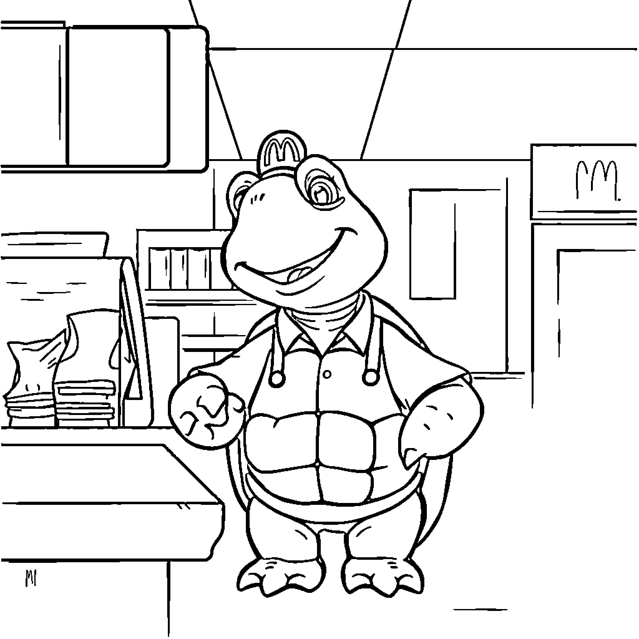 Turtle working hard in a medical office Coloring Page (free black-and-white line drawing printable PDF for all, from beginners to advanced learners, including children, teens, adults, and seniors)