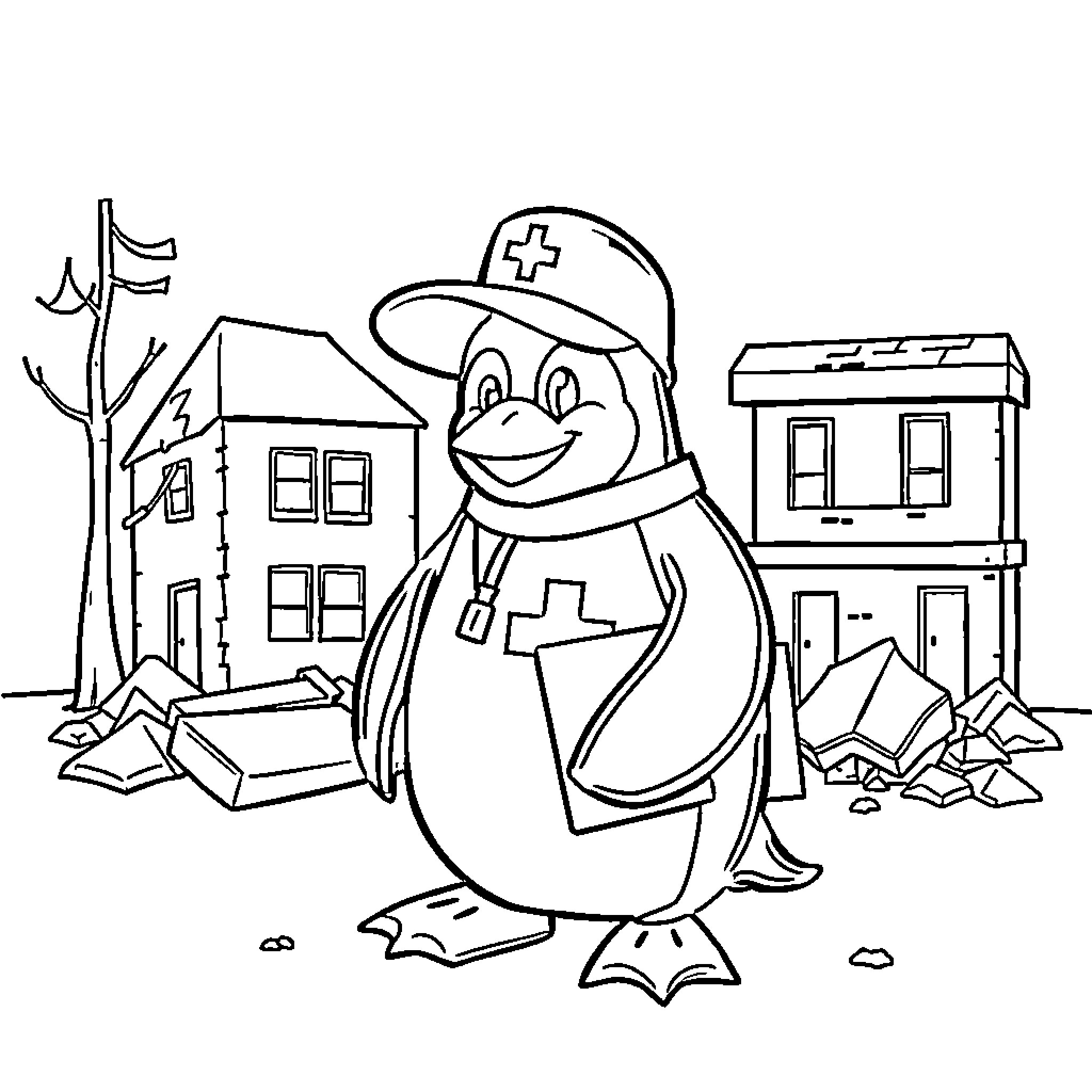 Penguin Nurse Assisting in Disaster Recovery Coloring Page (free black-and-white line drawing printable PDF for all, from beginners to advanced learners, including children, teens, adults, and seniors)