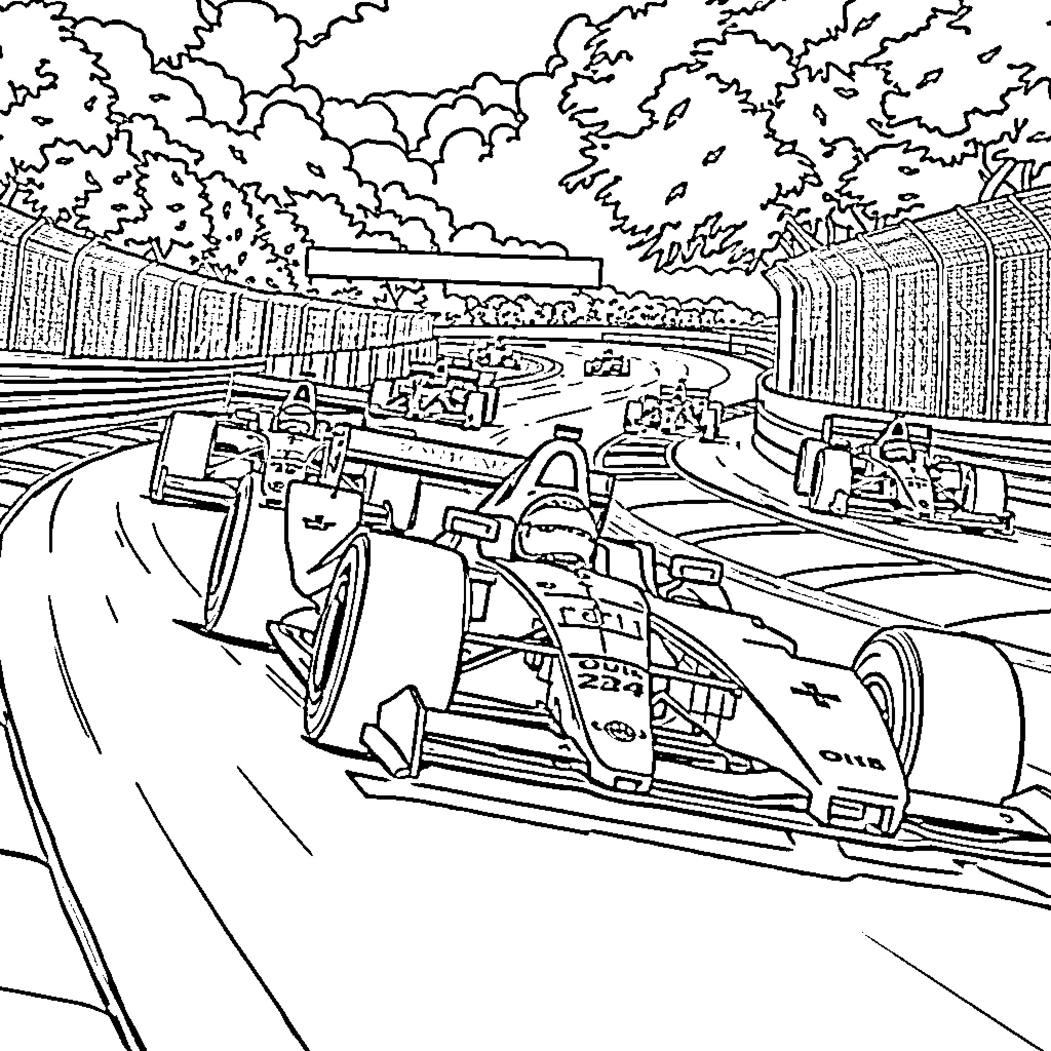 Formula 1 Racing Excitement in Black and White Coloring Page (free black-and-white line drawing printable PDF for all, from beginners to advanced learners, including children, teens, adults, and seniors)