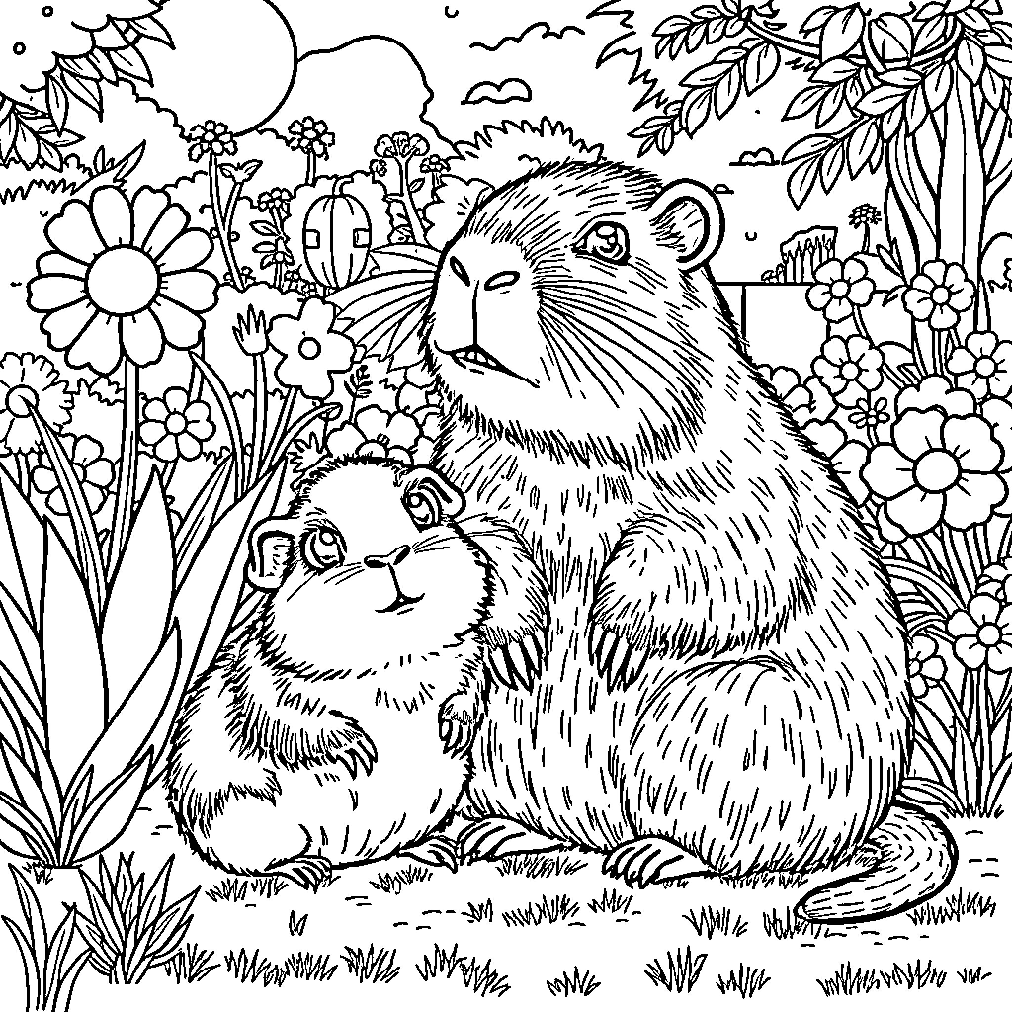 Guinea Pigs Admiring Nature's Beauty Coloring Page (free black-and-white line drawing printable PDF for all, from beginners to advanced learners, including children, teens, adults, and seniors)