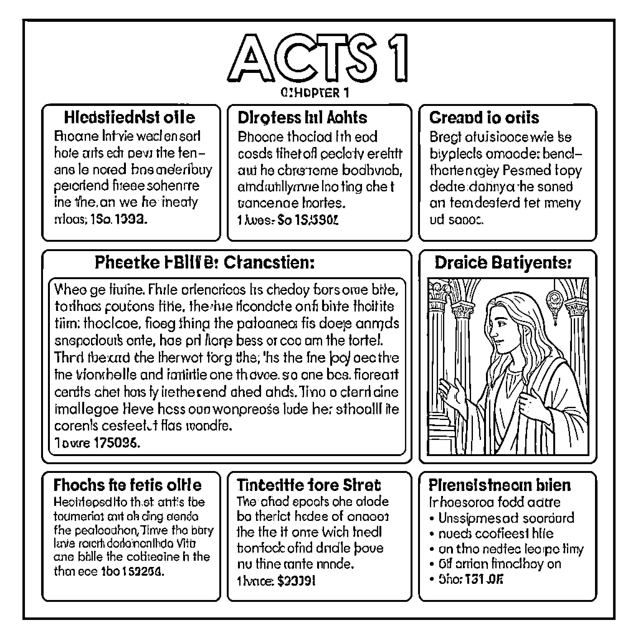 Bible scenes depicting diverse characters and actions Coloring Page (free black-and-white line drawing printable PDF for all, from beginners to advanced learners, including children, teens, adults, and seniors)