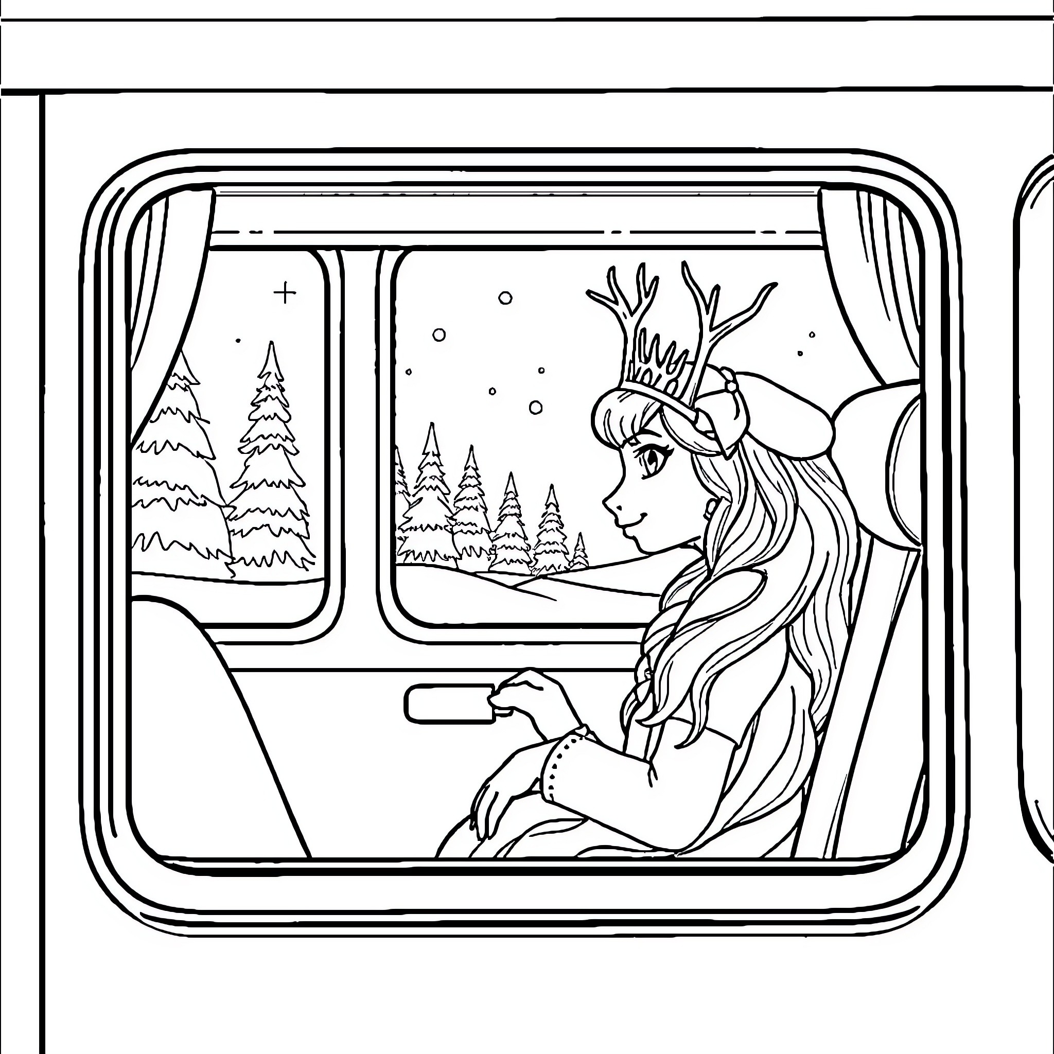 Queen's Winter Wonderland Travels Coloring Page (free black-and-white line drawing printable PDF for all, from beginners to advanced learners, including children, teens, adults, and seniors)