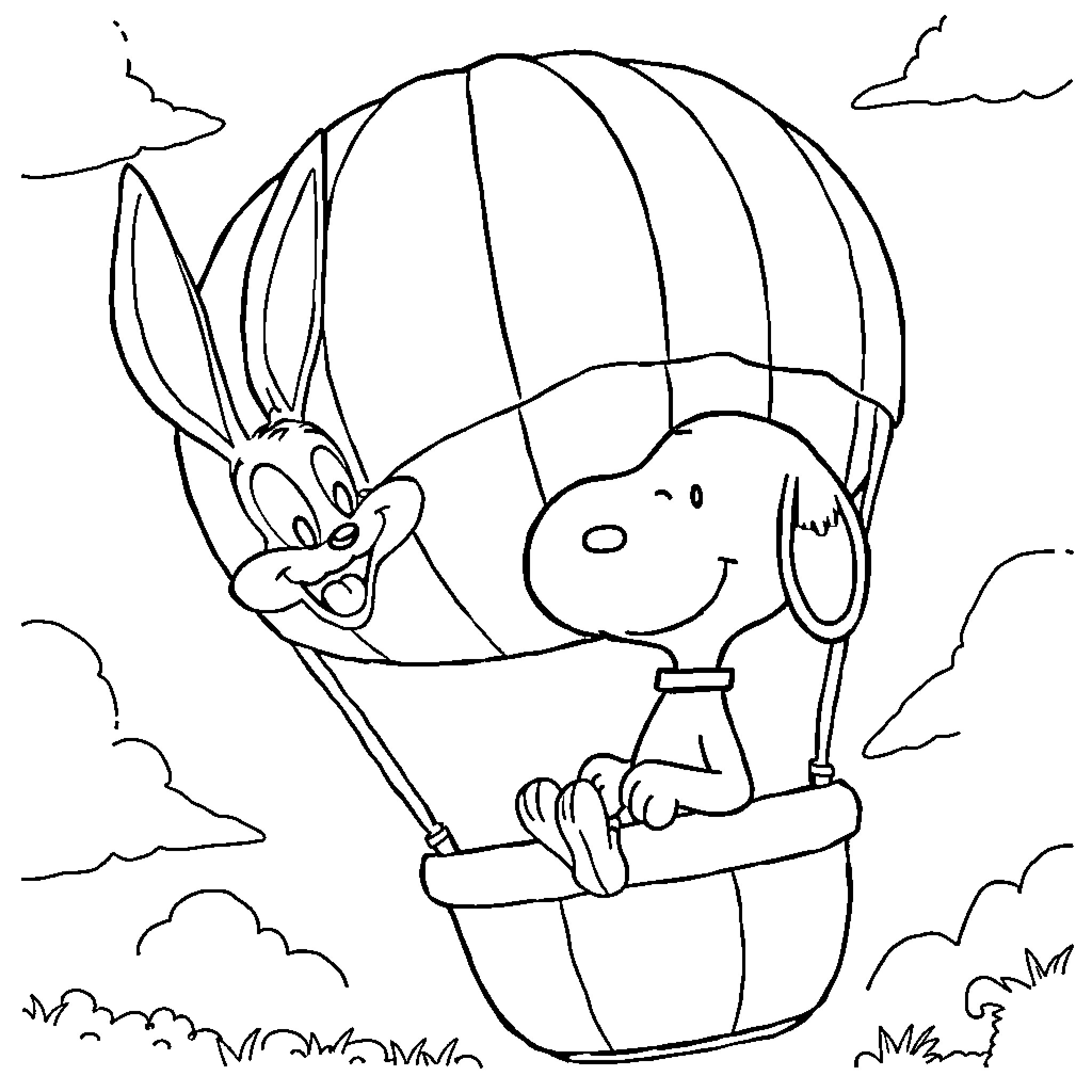 Snoopy and Woodstock in a hot air balloon adventure Coloring Page (free black-and-white line drawing printable PDF for all, from beginners to advanced learners, including children, teens, adults, and seniors)
