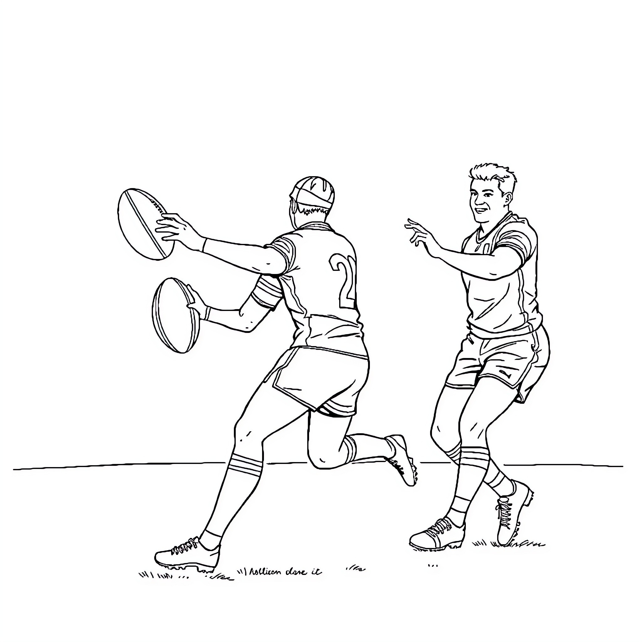 Rugby Players Competing Intensely on the Field Coloring Page (free black-and-white line drawing printable PDF for all, from beginners to advanced learners, including children, teens, adults, and seniors)