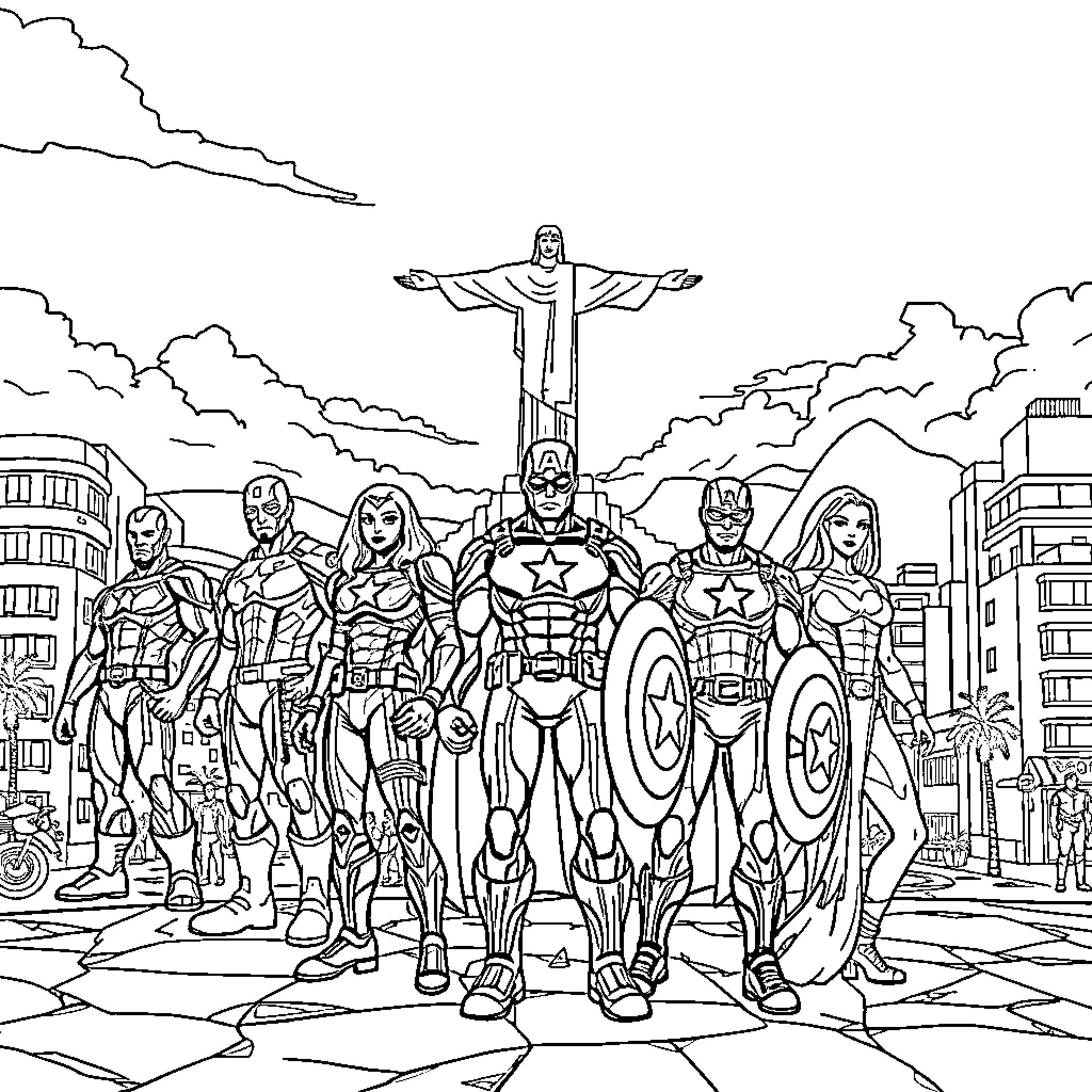 Avenger team assemble in the city Coloring Page (free black-and-white line drawing printable PDF for all, from beginners to advanced learners, including children, teens, adults, and seniors)