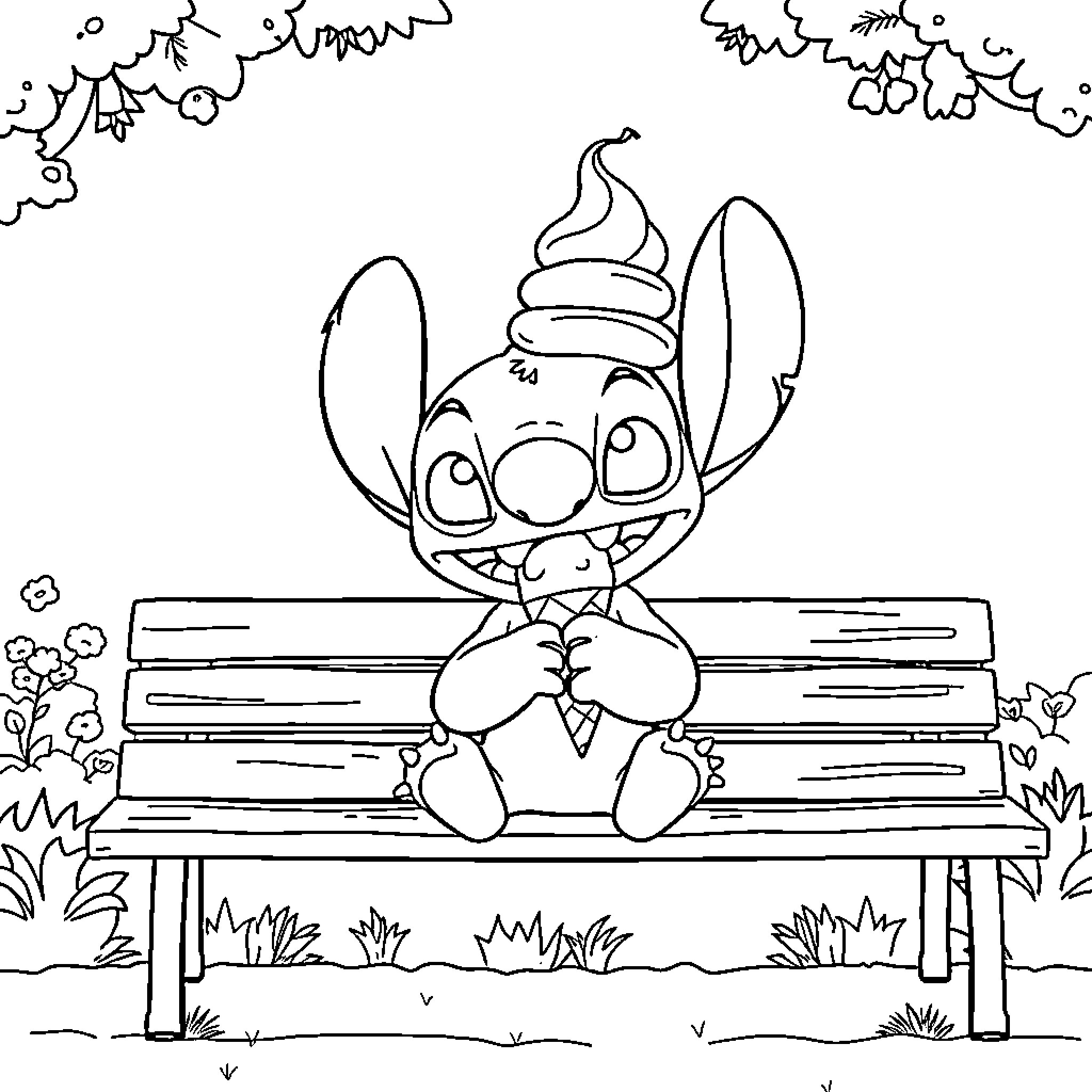 Stitch enjoying an ice cream treat on a park bench Coloring Page (free black-and-white line drawing printable PDF for all, from beginners to advanced learners, including children, teens, adults, and seniors)