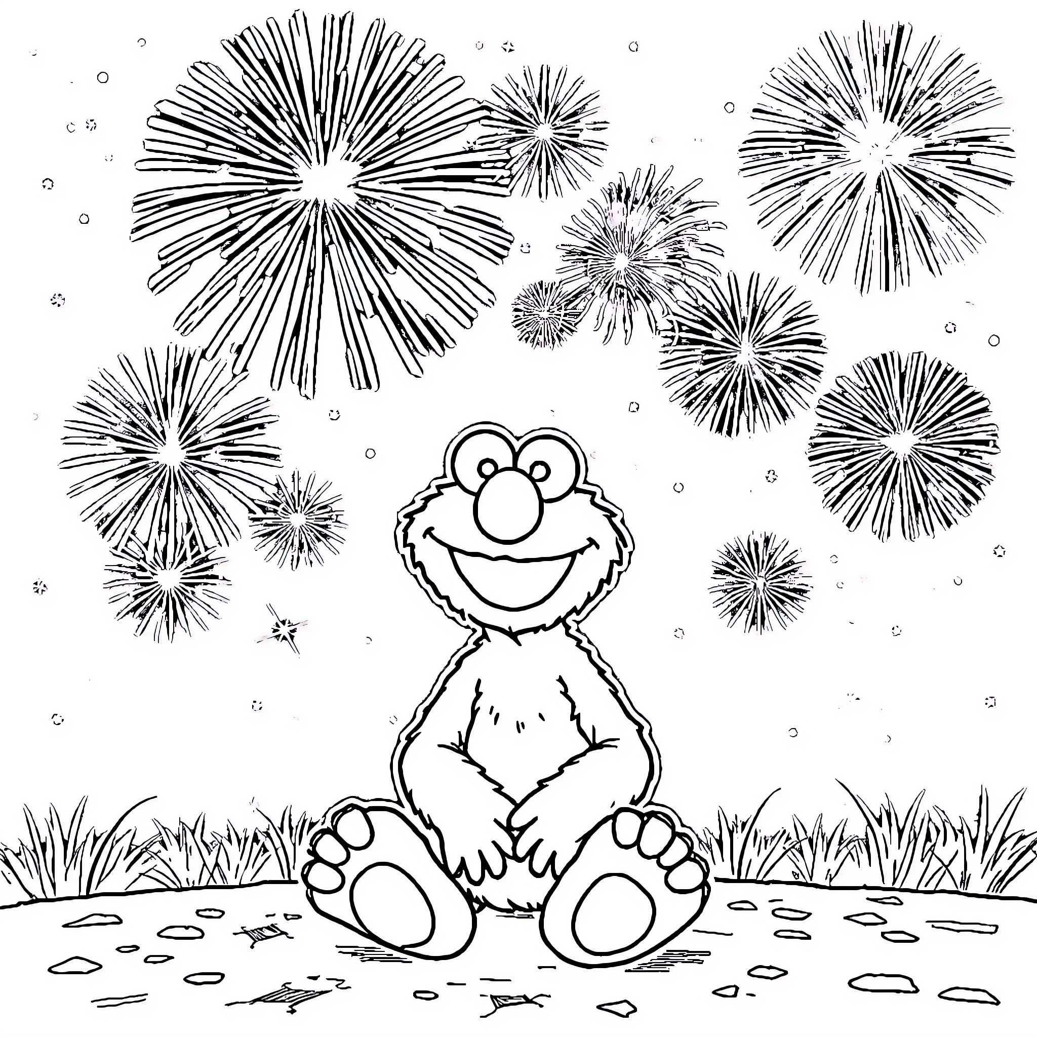 Elmo enjoying fireworks display in the park Coloring Page (free black-and-white line drawing printable PDF for all, from beginners to advanced learners, including children, teens, adults, and seniors)