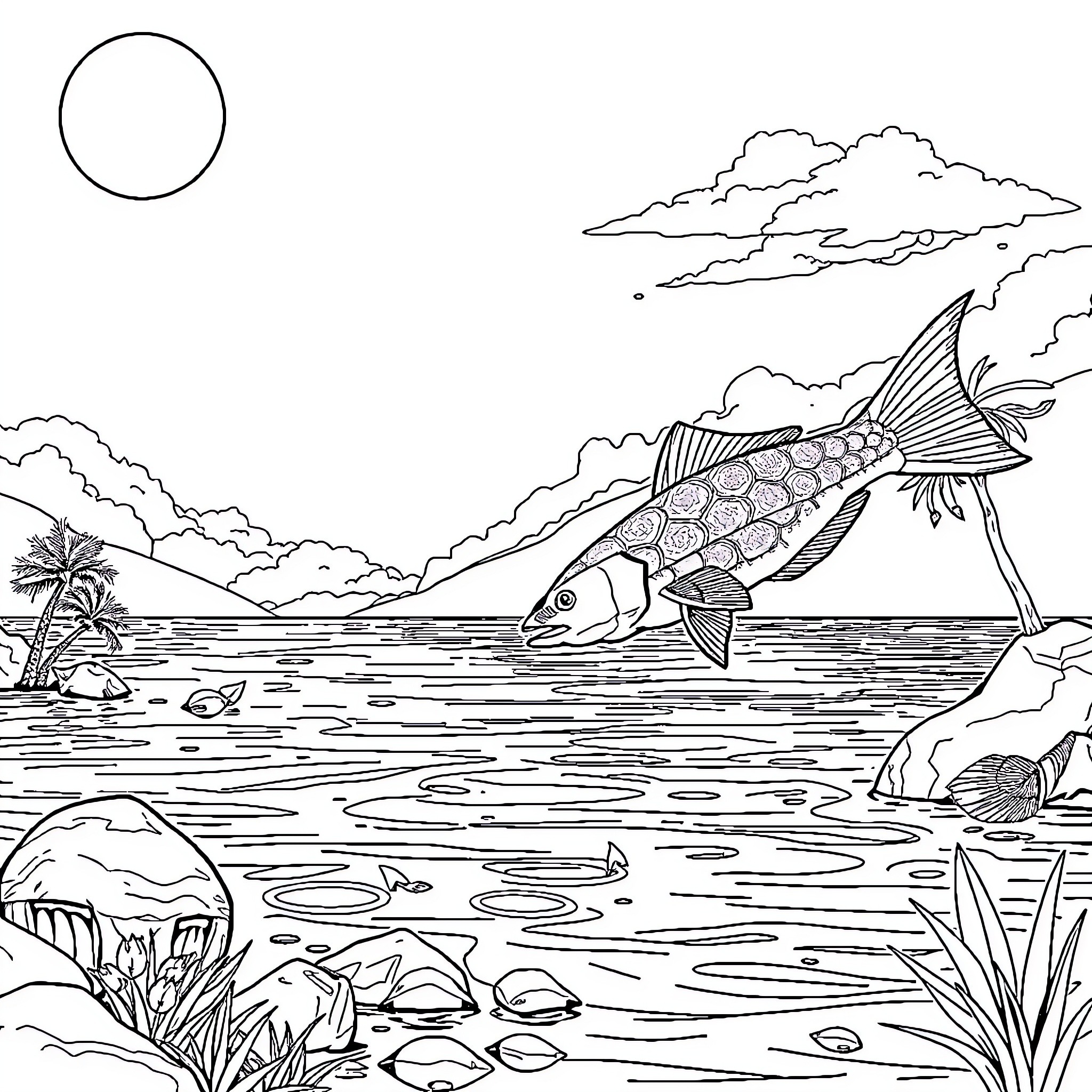 Bear jumping in the tropical ocean Coloring Page (free black-and-white line drawing printable PDF for all, from beginners to advanced learners, including children, teens, adults, and seniors)