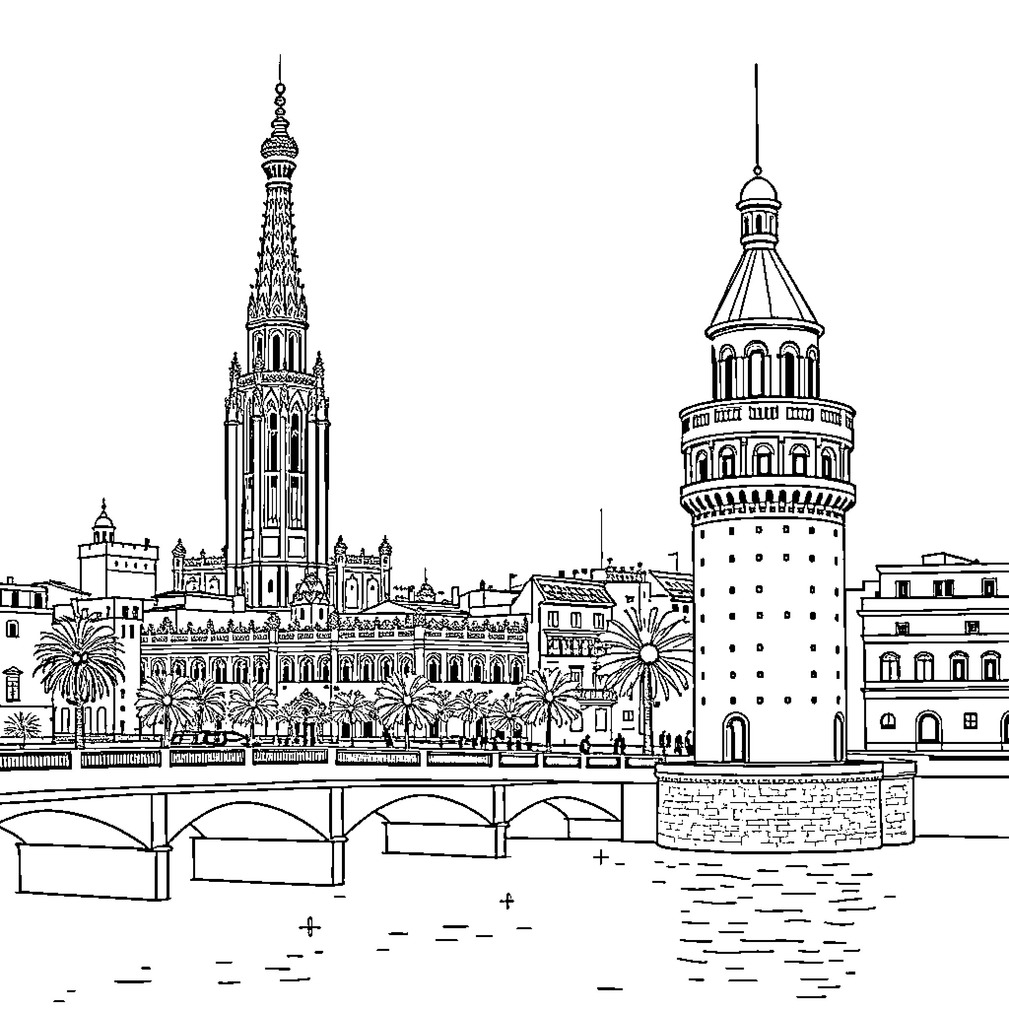 Sevilla's Iconic Architecture and Landmarks Coloring Page (free black-and-white line drawing printable PDF for all, from beginners to advanced learners, including children, teens, adults, and seniors)