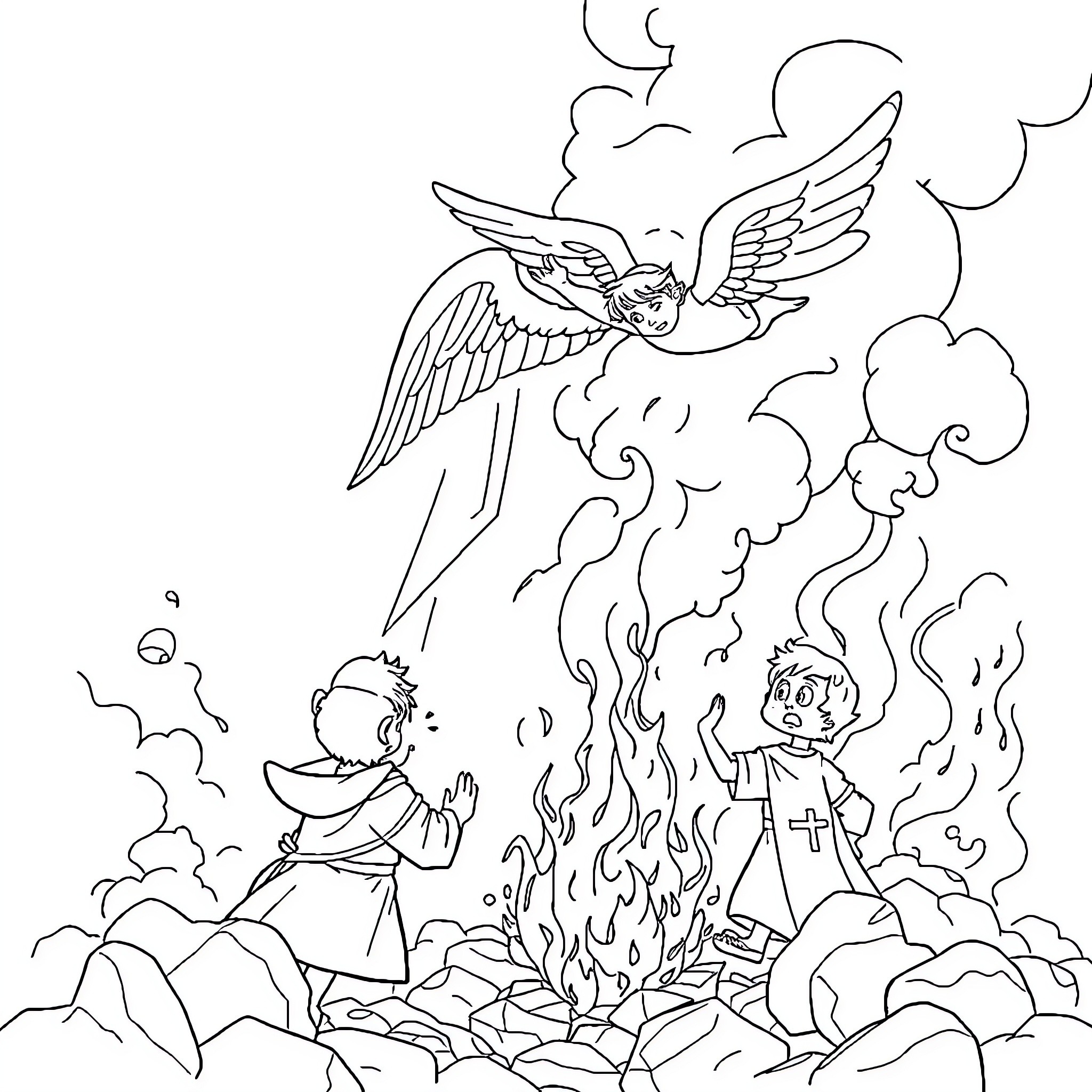 St. Gabriel Guiding Lost Souls Through Trials Coloring Page (free black-and-white line drawing printable PDF for all, from beginners to advanced learners, including children, teens, adults, and seniors)
