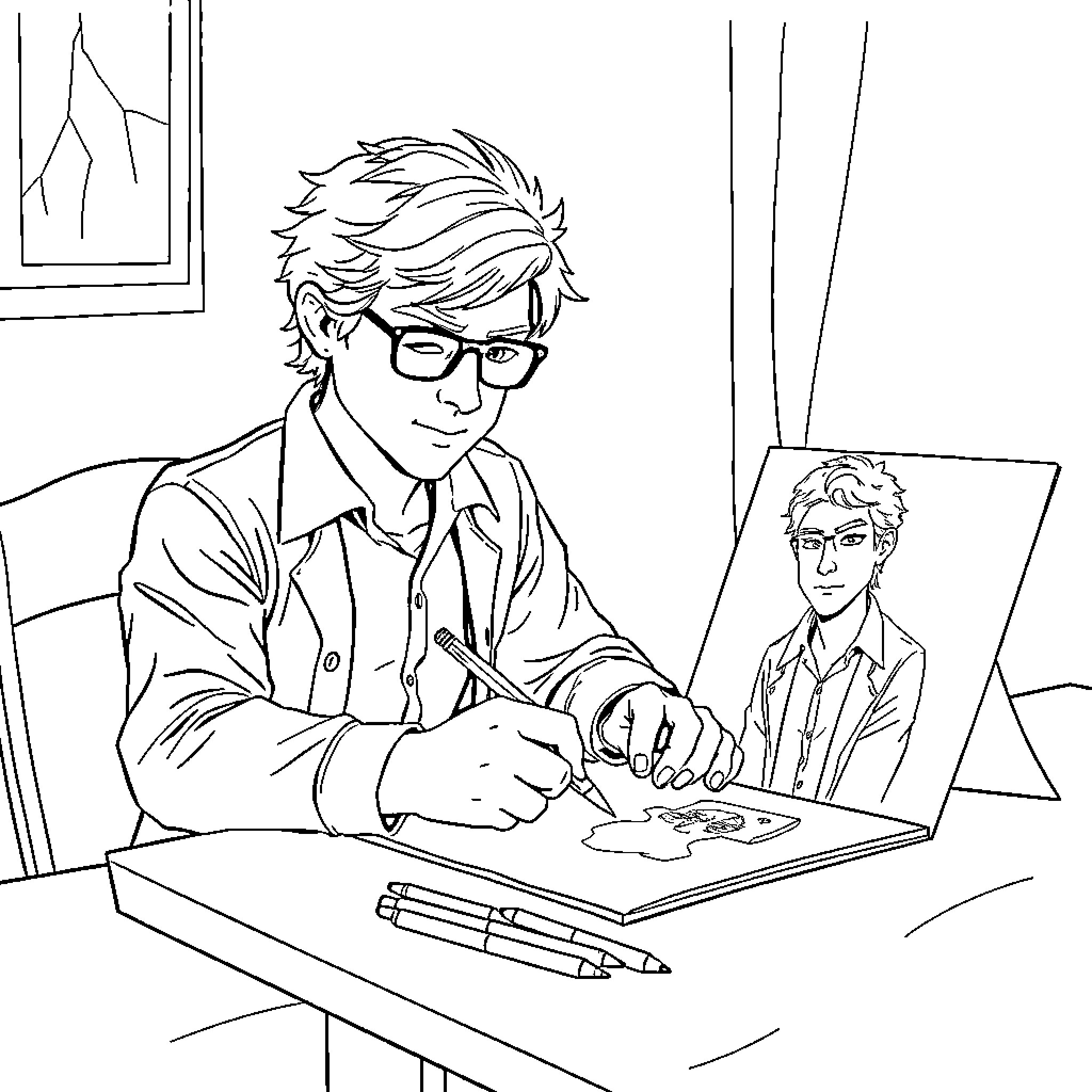 Lloyd Garmadon drawing a portrait of himself Coloring Page (free black-and-white line drawing printable PDF for all, from beginners to advanced learners, including children, teens, adults, and seniors)