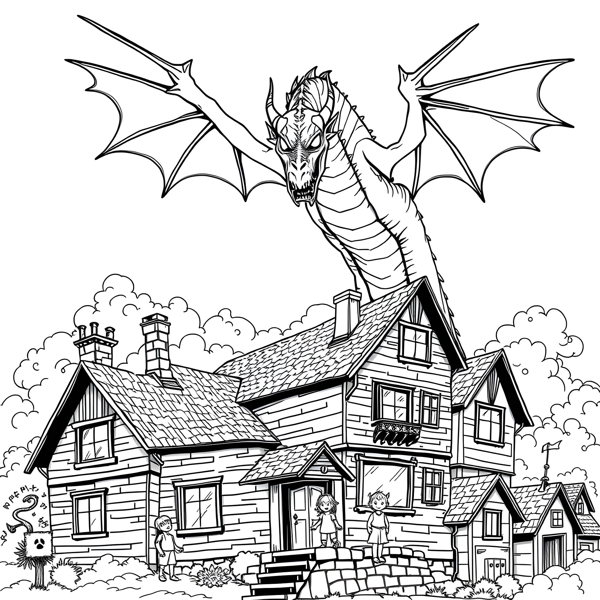 Dragon soaring over a cozy village Coloring Page (free black-and-white line drawing printable PDF for all, from beginners to advanced learners, including children, teens, adults, and seniors)