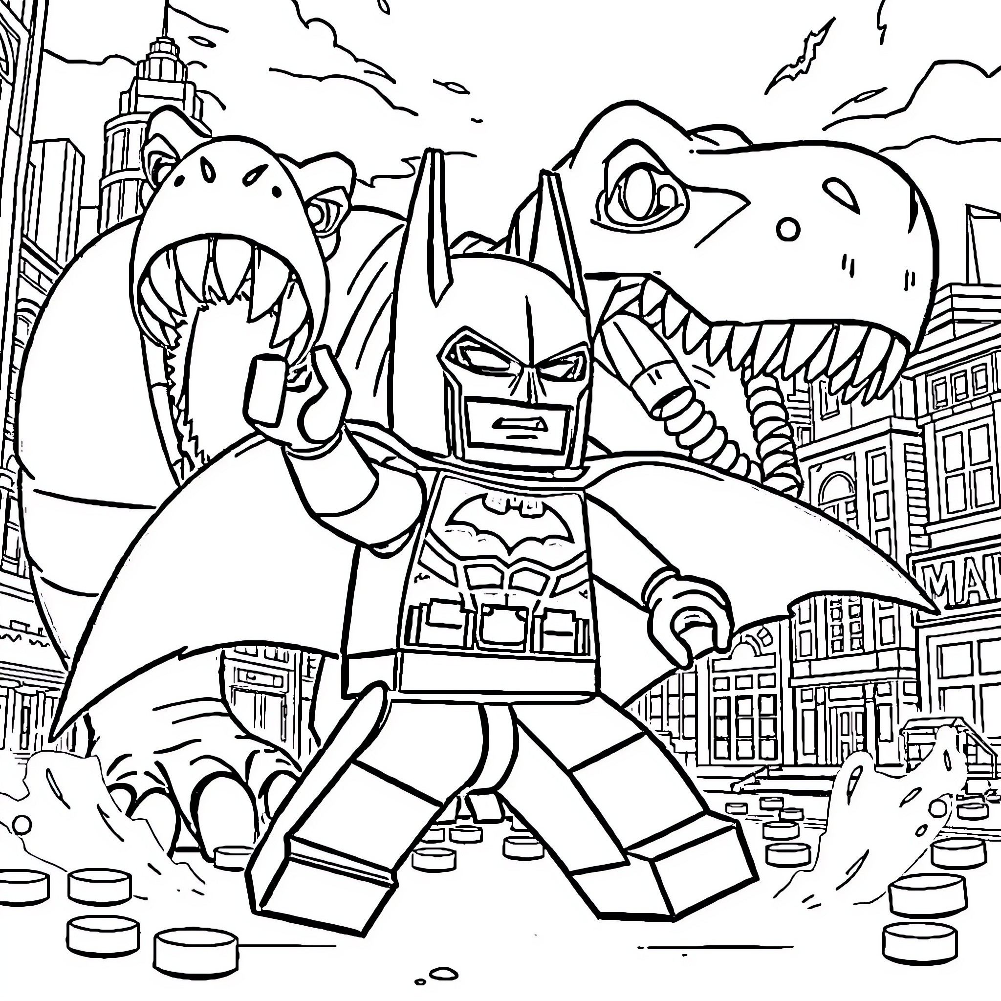 Batman Fighting Giant Dinosaurs in Gotham City Coloring Page (free black-and-white line drawing printable PDF for all, from beginners to advanced learners, including children, teens, adults, and seniors)