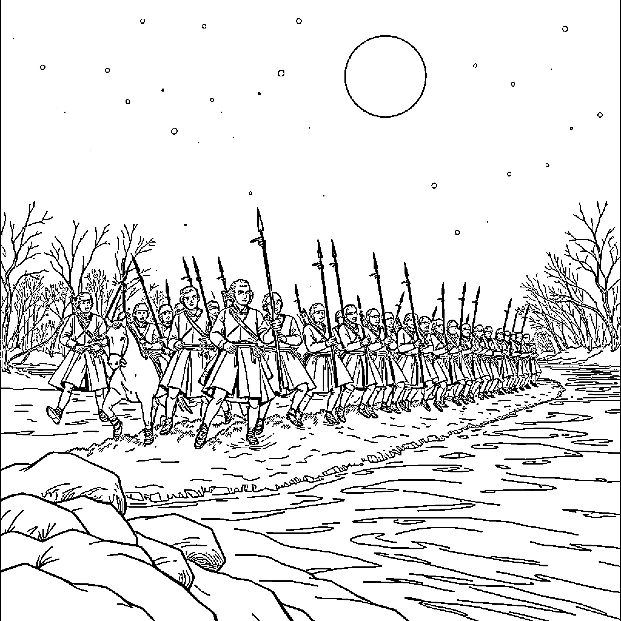 Washington soldiers marching on the battlefield Coloring Page (free black-and-white line drawing printable PDF for all, from beginners to advanced learners, including children, teens, adults, and seniors)