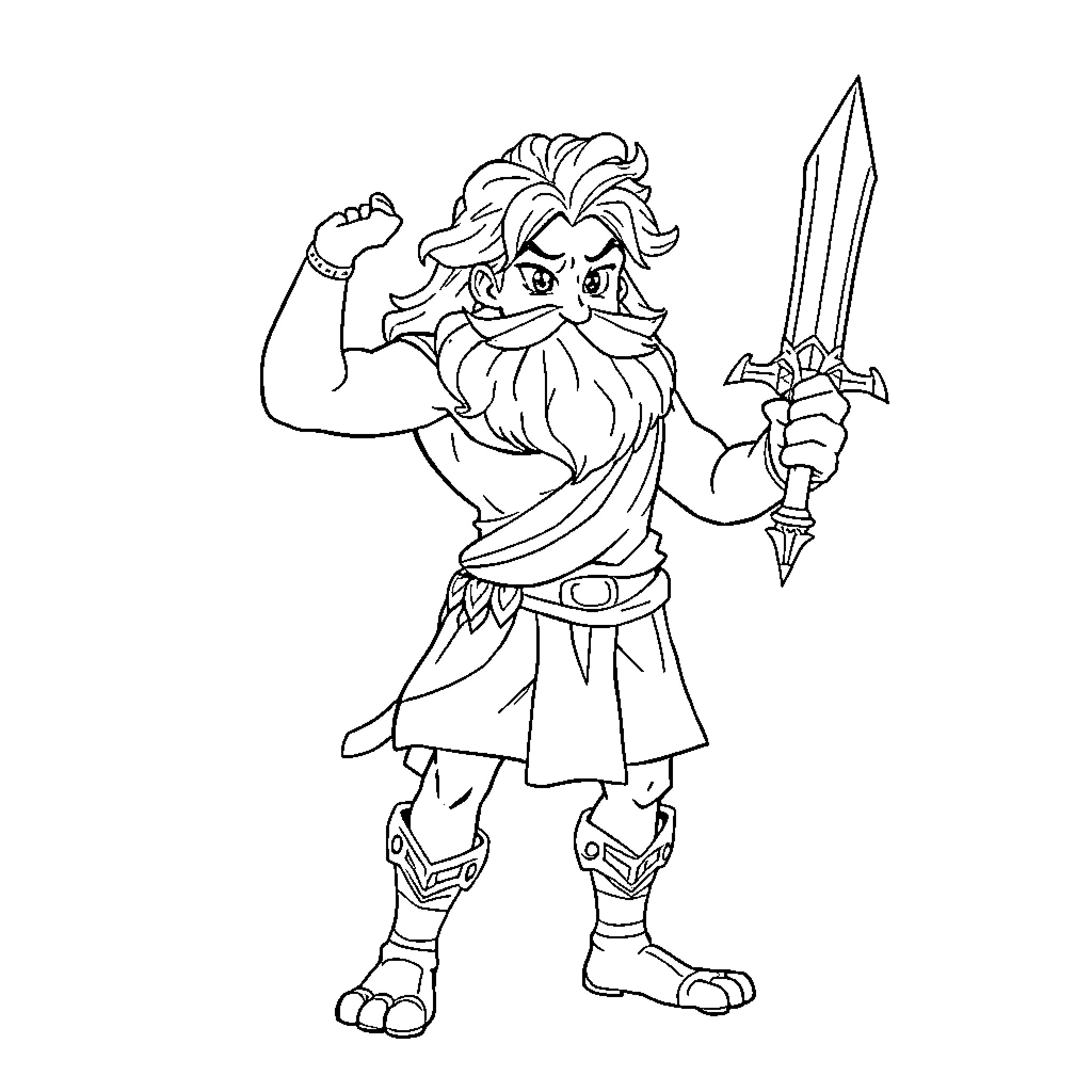 Meliodas the Fearsome Warrior with Sword Coloring Page (free black-and-white line drawing printable PDF for all, from beginners to advanced learners, including children, teens, adults, and seniors)