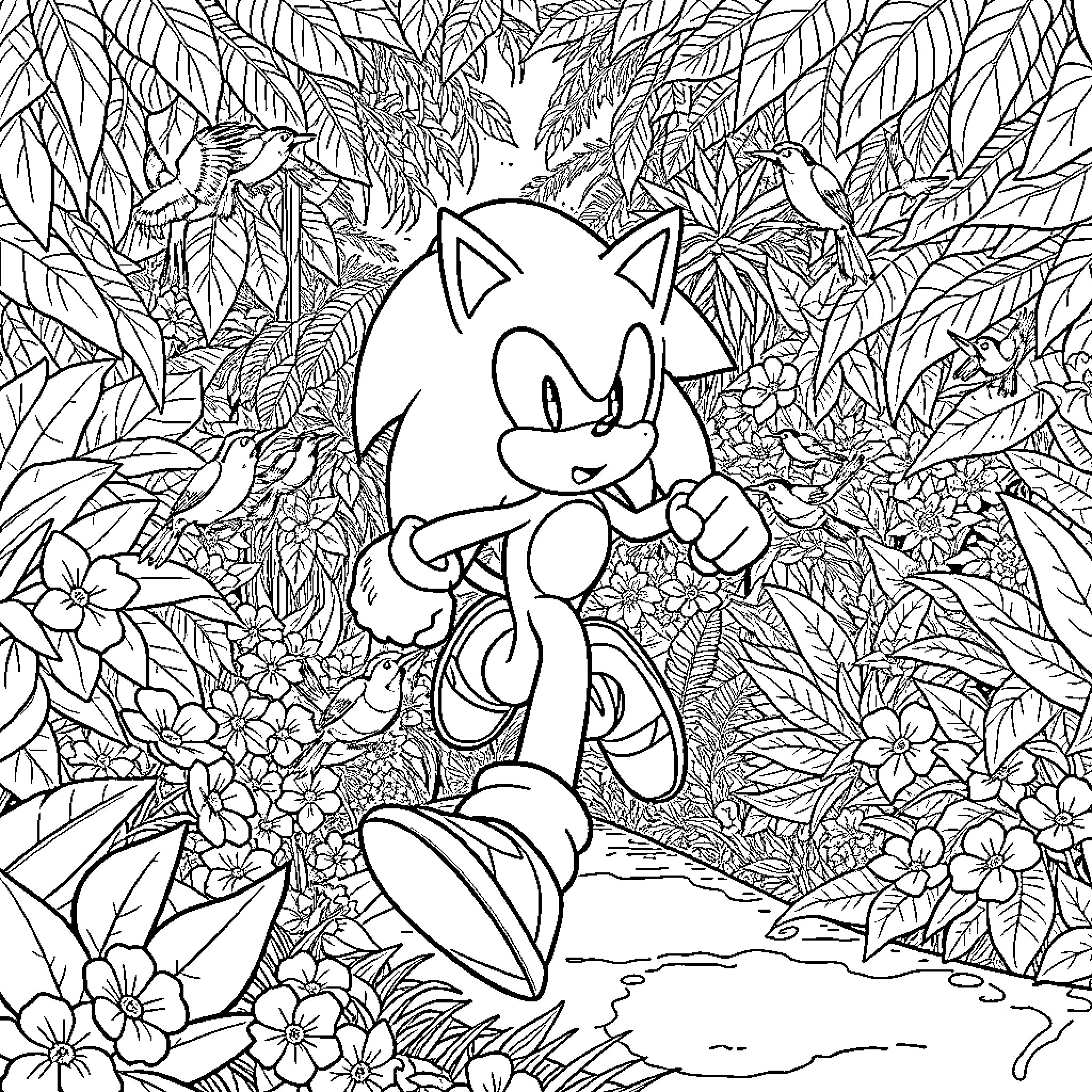 Sonic the Hedgehog in a lush botanical garden Coloring Page (free black-and-white line drawing printable PDF for all, from beginners to advanced learners, including children, teens, adults, and seniors)