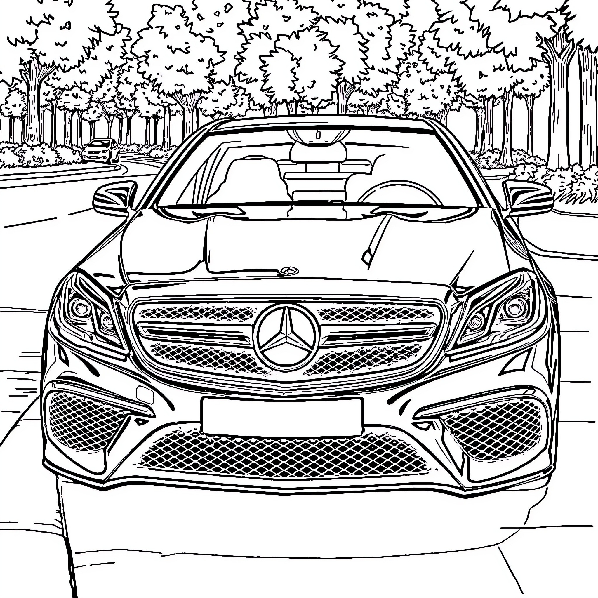 Mercedes-Benz luxury vehicle in scenic forest Coloring Page (free black-and-white line drawing printable PDF for all, from beginners to advanced learners, including children, teens, adults, and seniors)