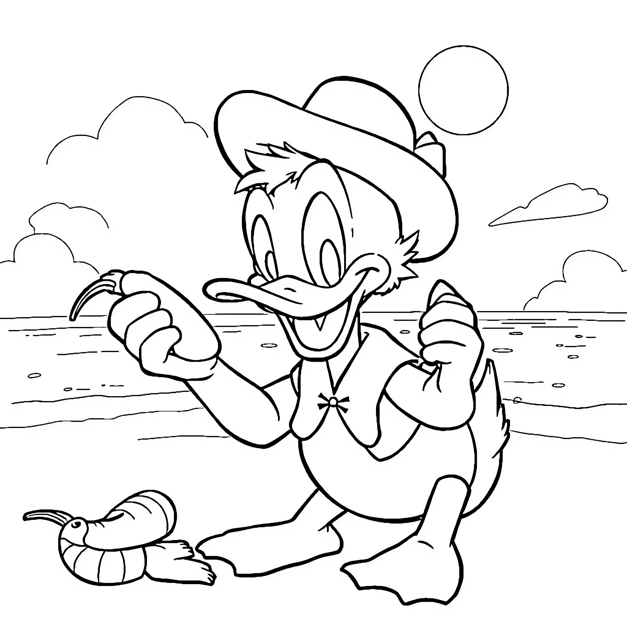 Donald Duck enjoying a day outdoors Coloring Page (free black-and-white line drawing printable PDF for all, from beginners to advanced learners, including children, teens, adults, and seniors)