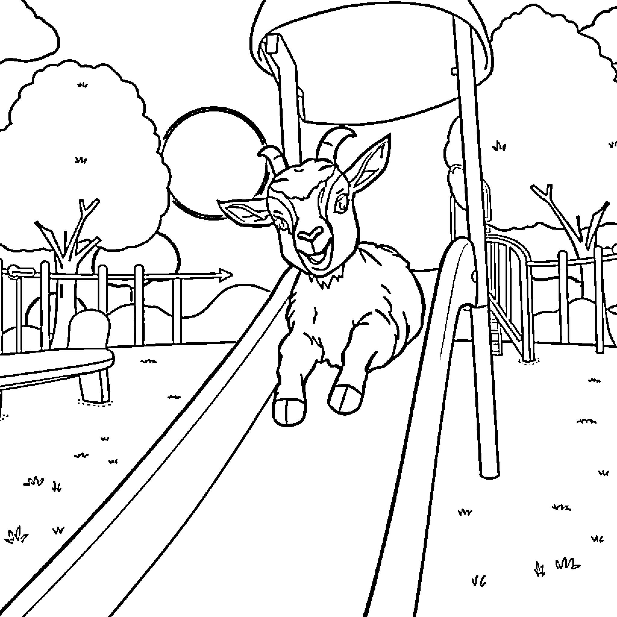 Pygmy Goat relaxing on playground equipment Coloring Page (free black-and-white line drawing printable PDF for all, from beginners to advanced learners, including children, teens, adults, and seniors)
