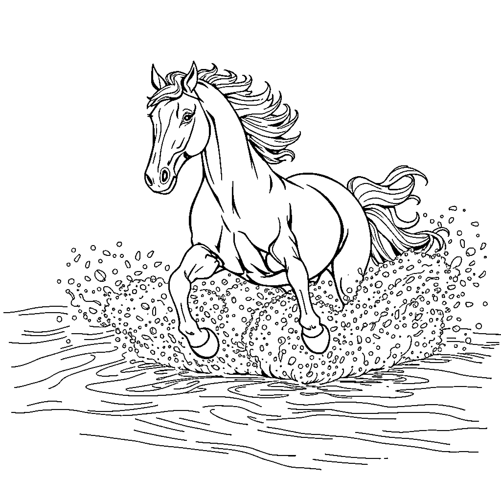 Horse galloping through the field Coloring Page (free black-and-white line drawing printable PDF for all, from beginners to advanced learners, including children, teens, adults, and seniors)