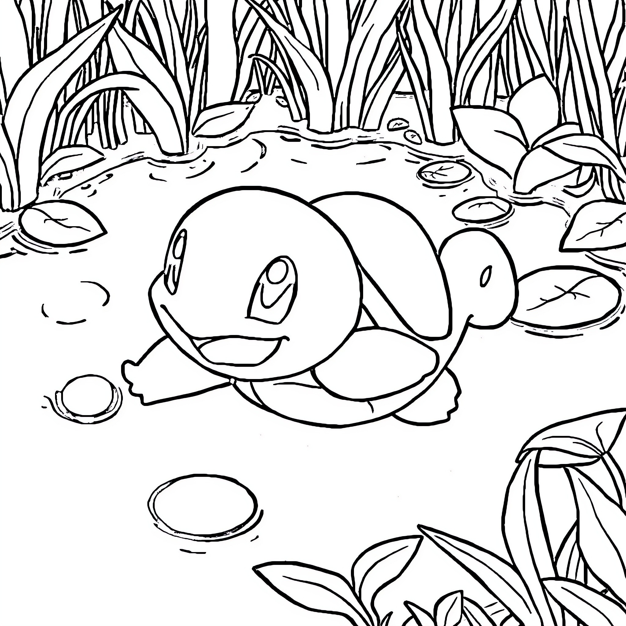 Squirtle Swimming Happily in Underwater Oasis Coloring Page (free black-and-white line drawing printable PDF for all, from beginners to advanced learners, including children, teens, adults, and seniors)