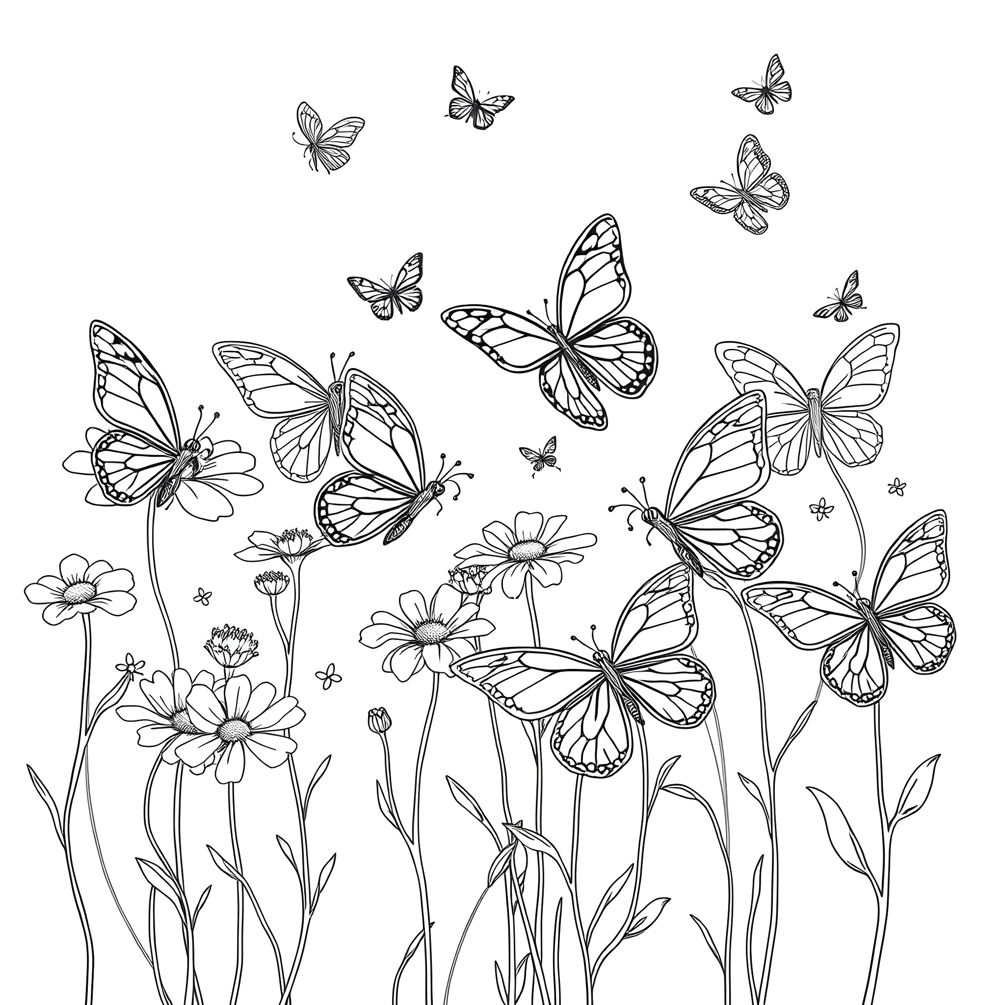 Butterfly Garden with Flowers Coloring Page (free black-and-white line drawing printable PDF for all, from beginners to advanced learners, including children, teens, adults, and seniors)