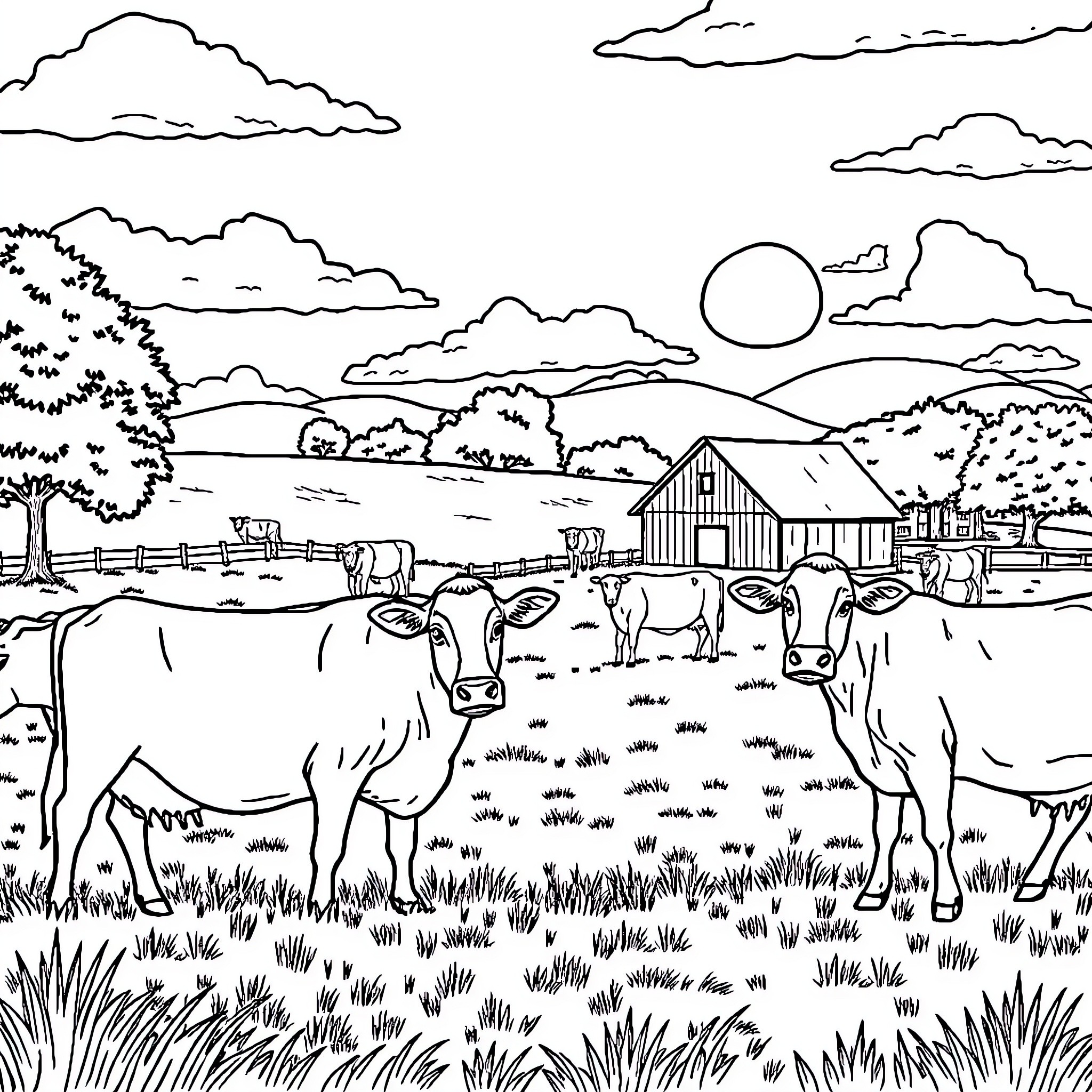 Cows grazing peacefully on a farmland landscape Coloring Page (free black-and-white line drawing printable PDF for all, from beginners to advanced learners, including children, teens, adults, and seniors)