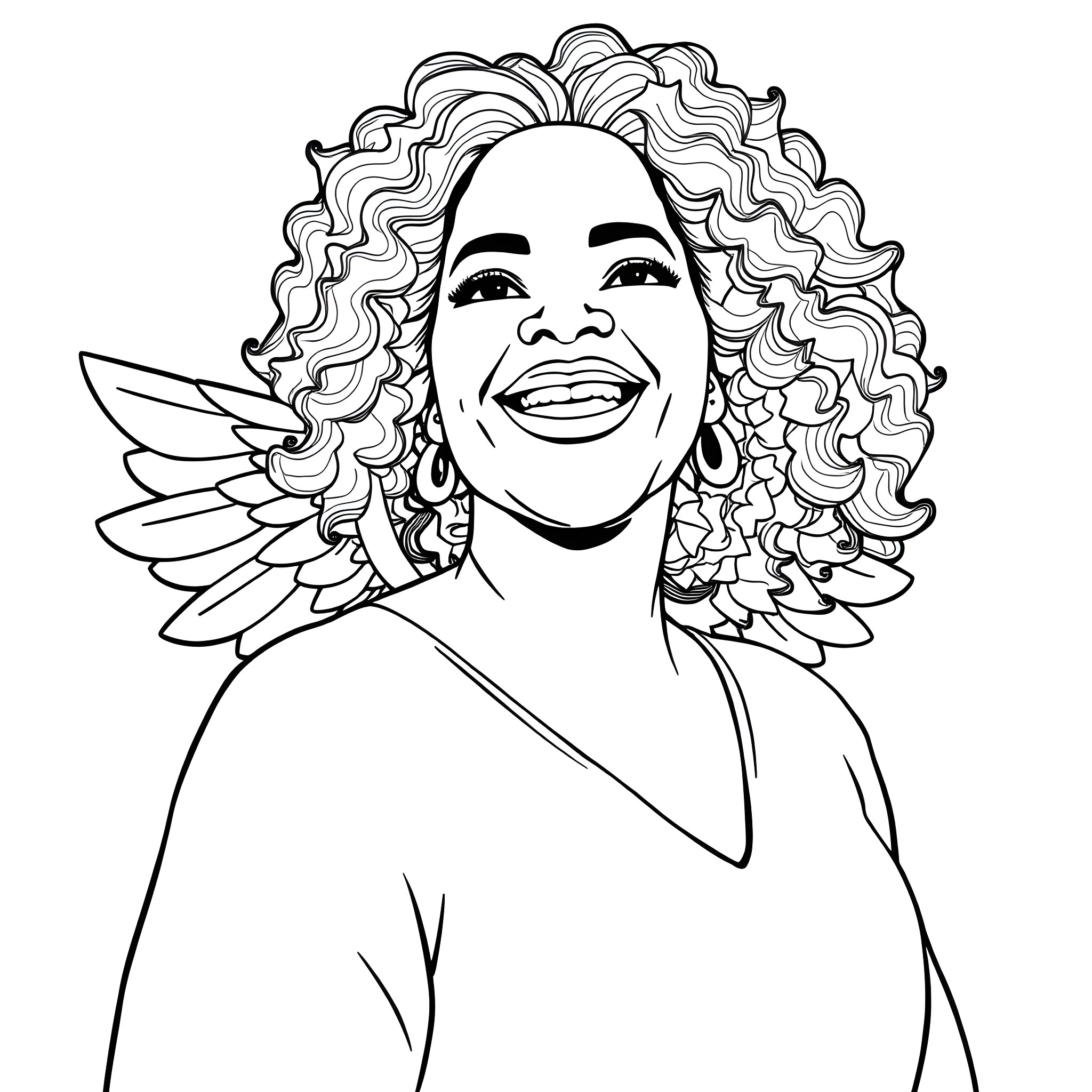 Oprah Winfrey's Joyful Embrace Coloring Page (free black-and-white line drawing printable PDF for all, from beginners to advanced learners, including children, teens, adults, and seniors)