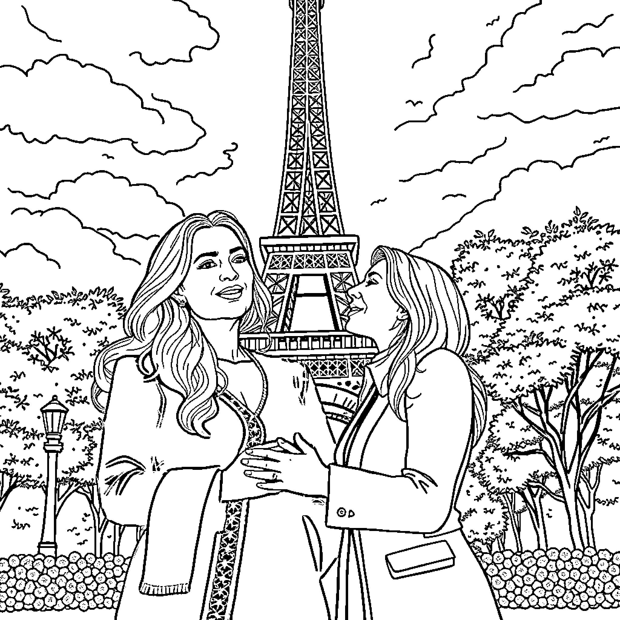 Madonna Posing with Companion in Parisian Scene Coloring Page (free black-and-white line drawing printable PDF for all, from beginners to advanced learners, including children, teens, adults, and seniors)
