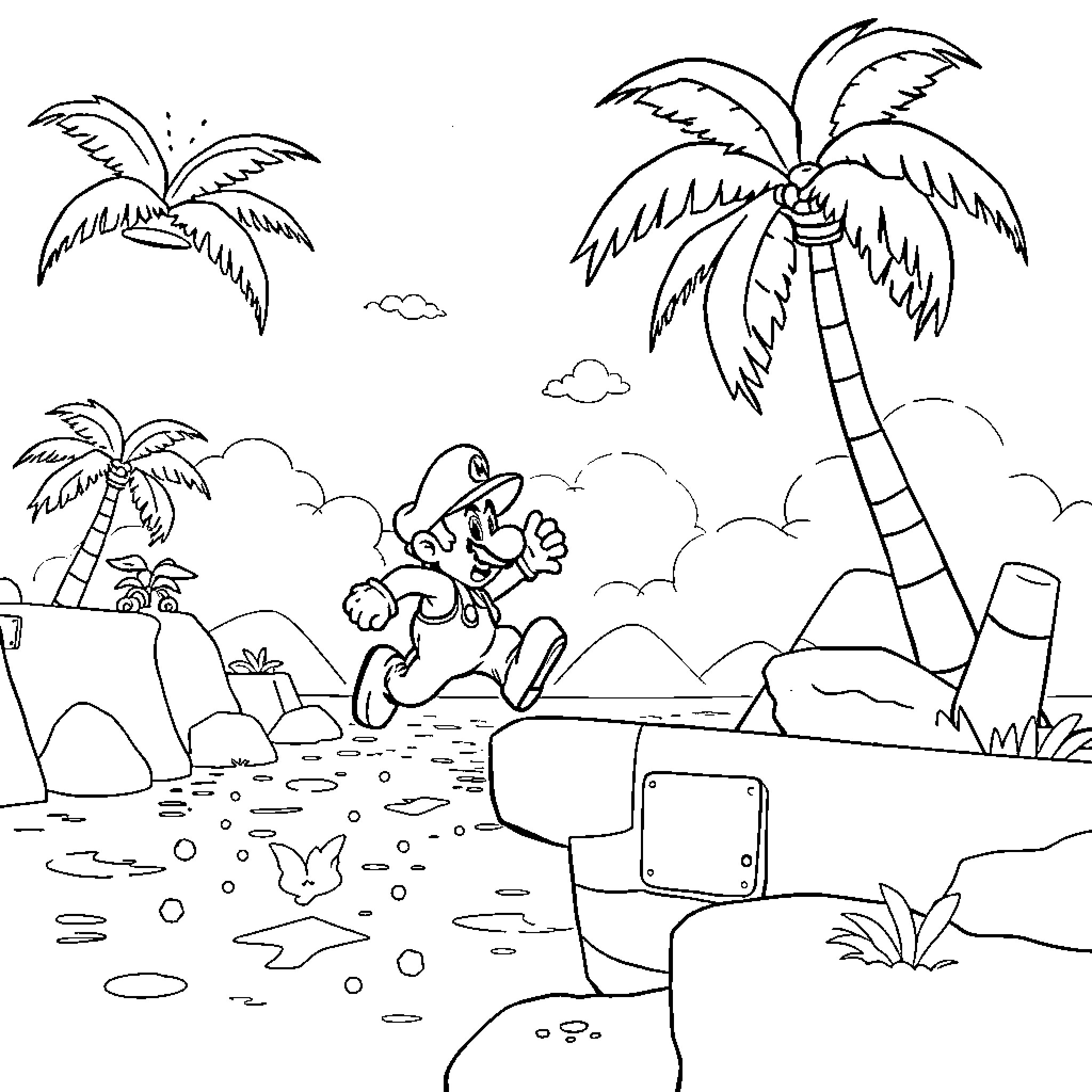 Super Mario Jumping Through Tropical Scenery Coloring Page (free black-and-white line drawing printable PDF for all, from beginners to advanced learners, including children, teens, adults, and seniors)