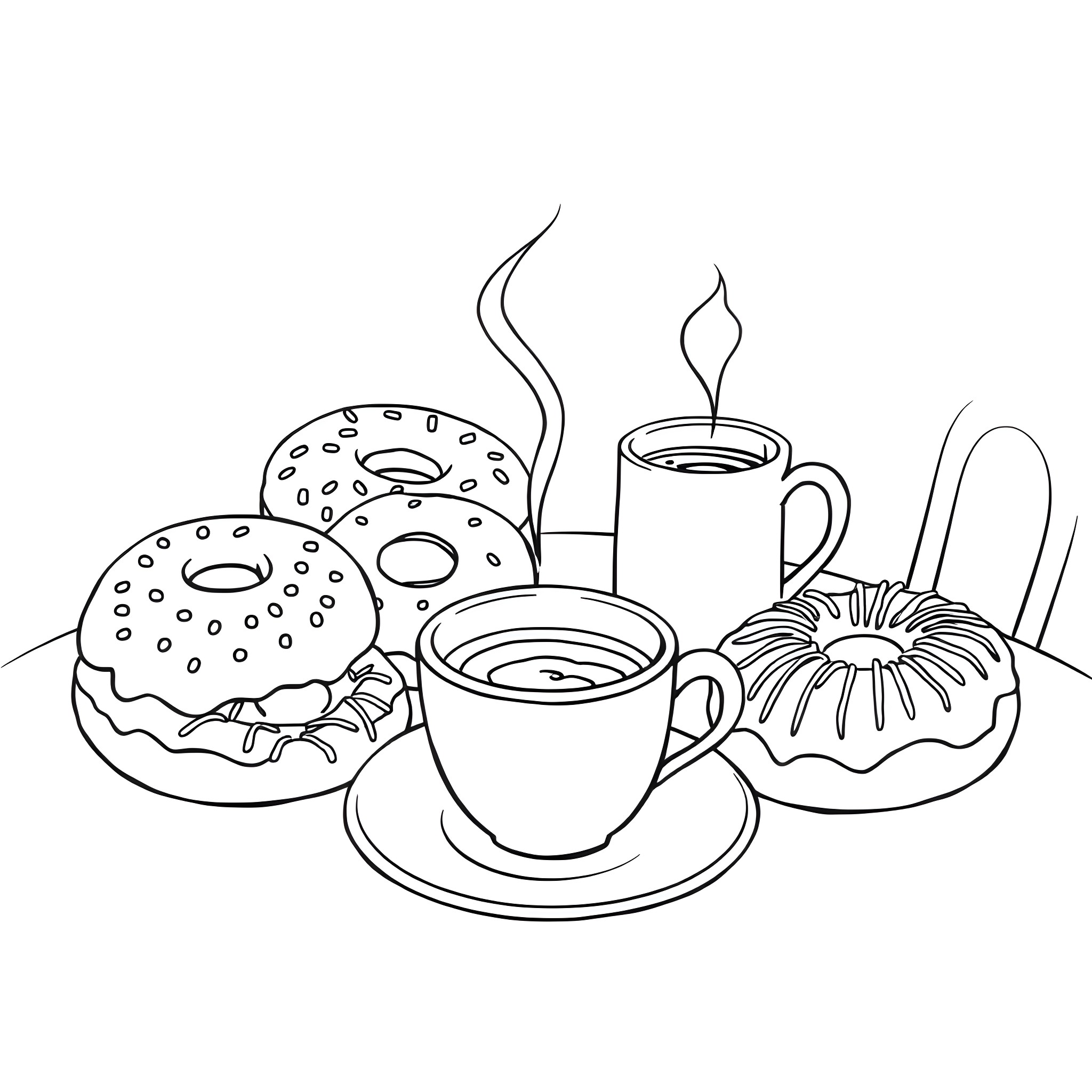 Donut Shop's Tempting Treats Coloring Page (free black-and-white line drawing printable PDF for all, from beginners to advanced learners, including children, teens, adults, and seniors)