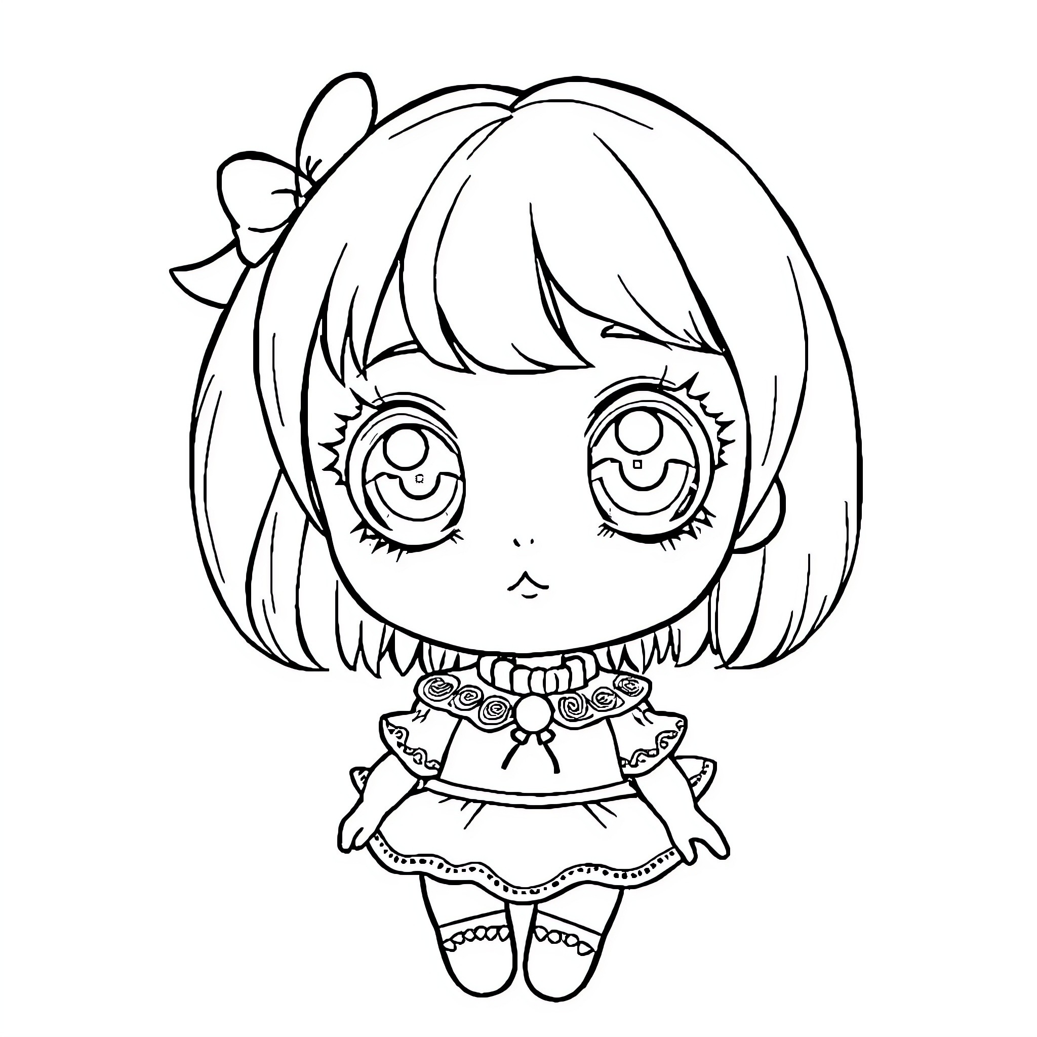 Doll with a bow and fancy dress Coloring Page (free black-and-white line drawing printable PDF for all, from beginners to advanced learners, including children, teens, adults, and seniors)