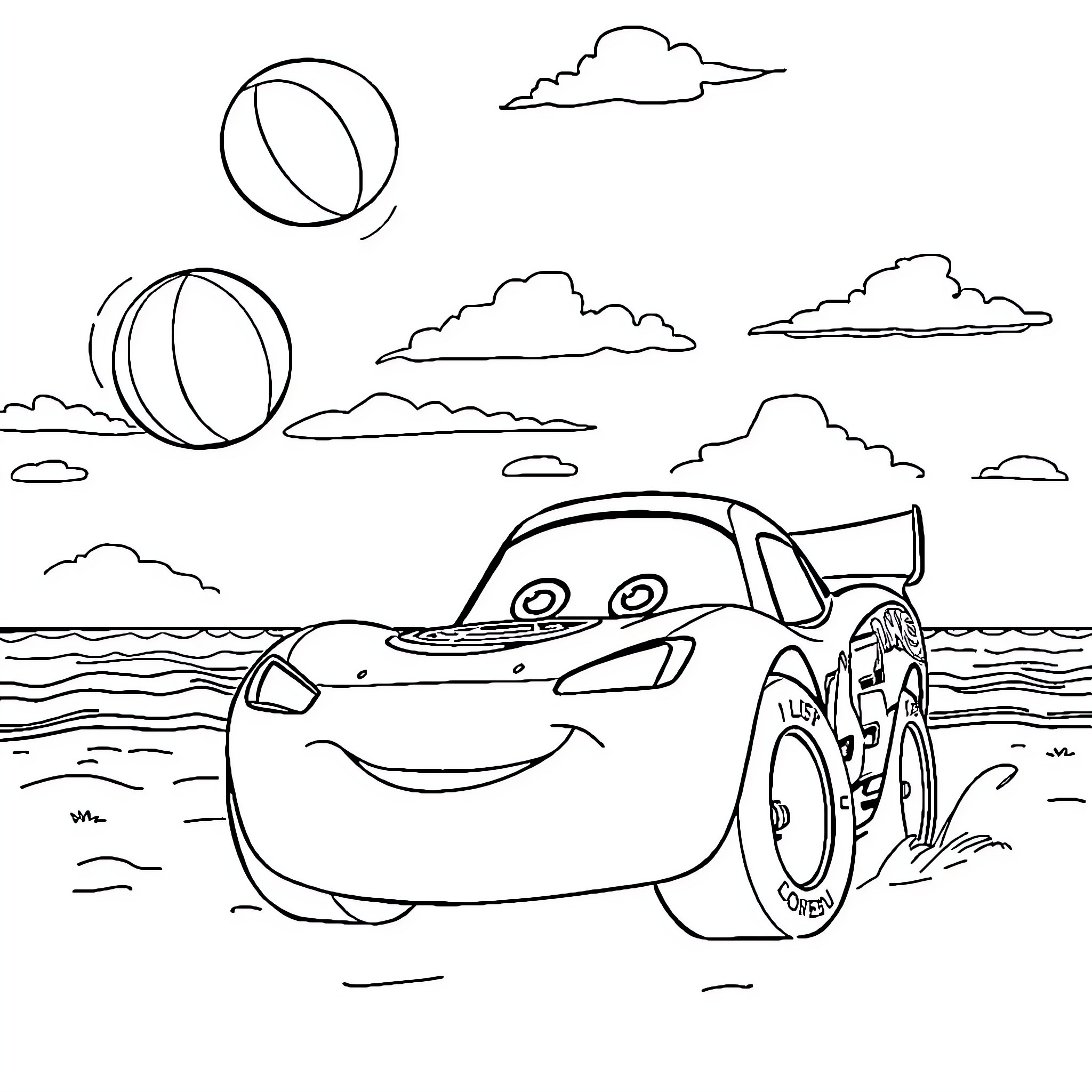 Lightning McQueen enjoying beach scenery Coloring Page (free black-and-white line drawing printable PDF for all, from beginners to advanced learners, including children, teens, adults, and seniors)