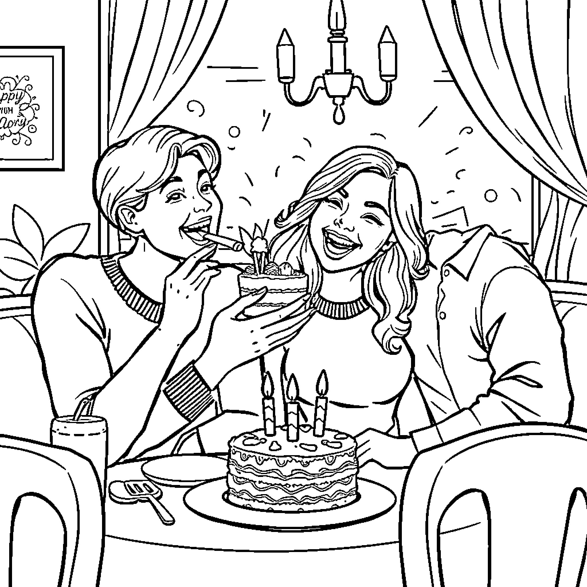Lady celebrates birthday with friend over cake Coloring Page (free black-and-white line drawing printable PDF for all, from beginners to advanced learners, including children, teens, adults, and seniors)