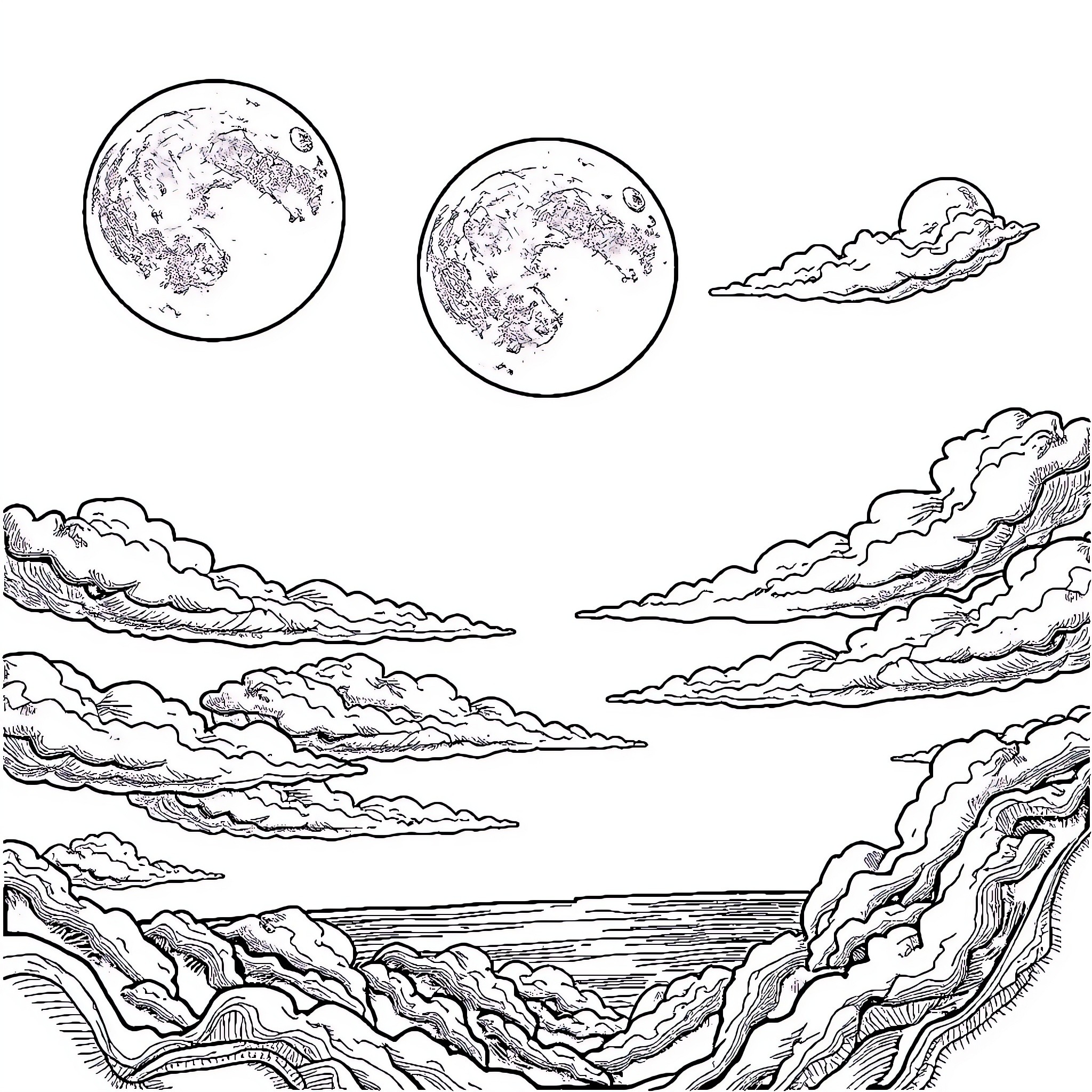 Moon and Sun over Dramatic Cloudy Landscape Coloring Page (free black-and-white line drawing printable PDF for all, from beginners to advanced learners, including children, teens, adults, and seniors)
