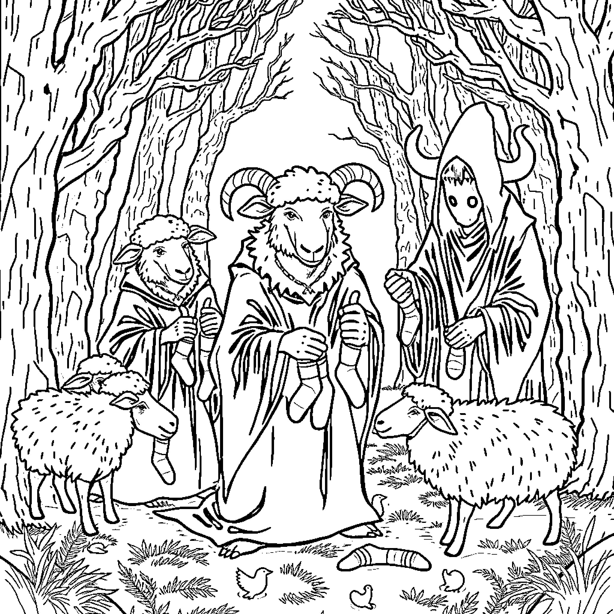 Sheep herding adventure in enchanted forest Coloring Page (free black-and-white line drawing printable PDF for all, from beginners to advanced learners, including children, teens, adults, and seniors)