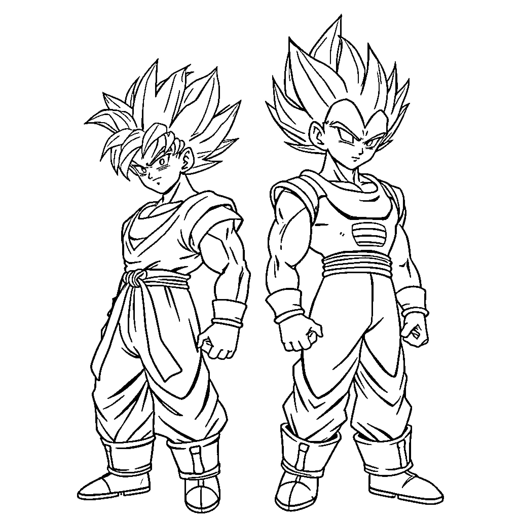 Goku and Vegeta in combat poses Coloring Page (free black-and-white line drawing printable PDF for all, from beginners to advanced learners, including children, teens, adults, and seniors)