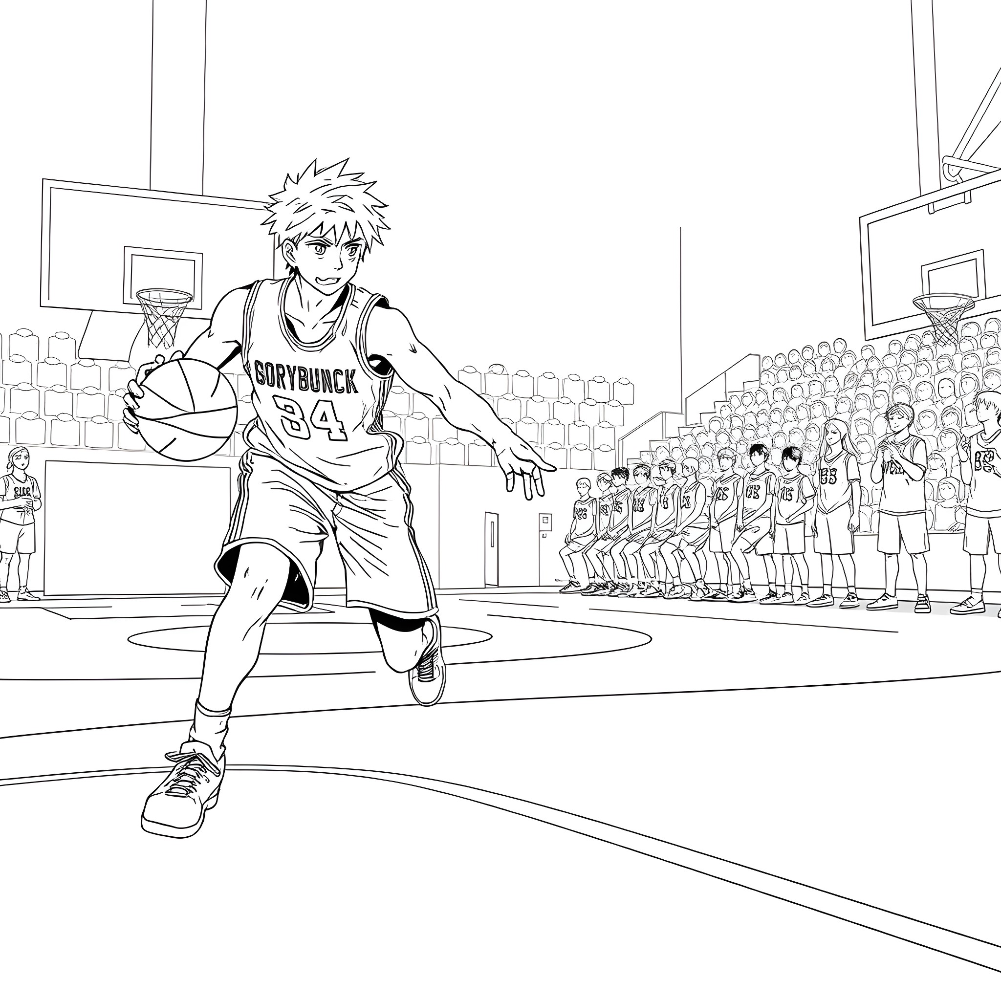 Bakugo's Basketball Showdown on the Court Coloring Page (free black-and-white line drawing printable PDF for all, from beginners to advanced learners, including children, teens, adults, and seniors)