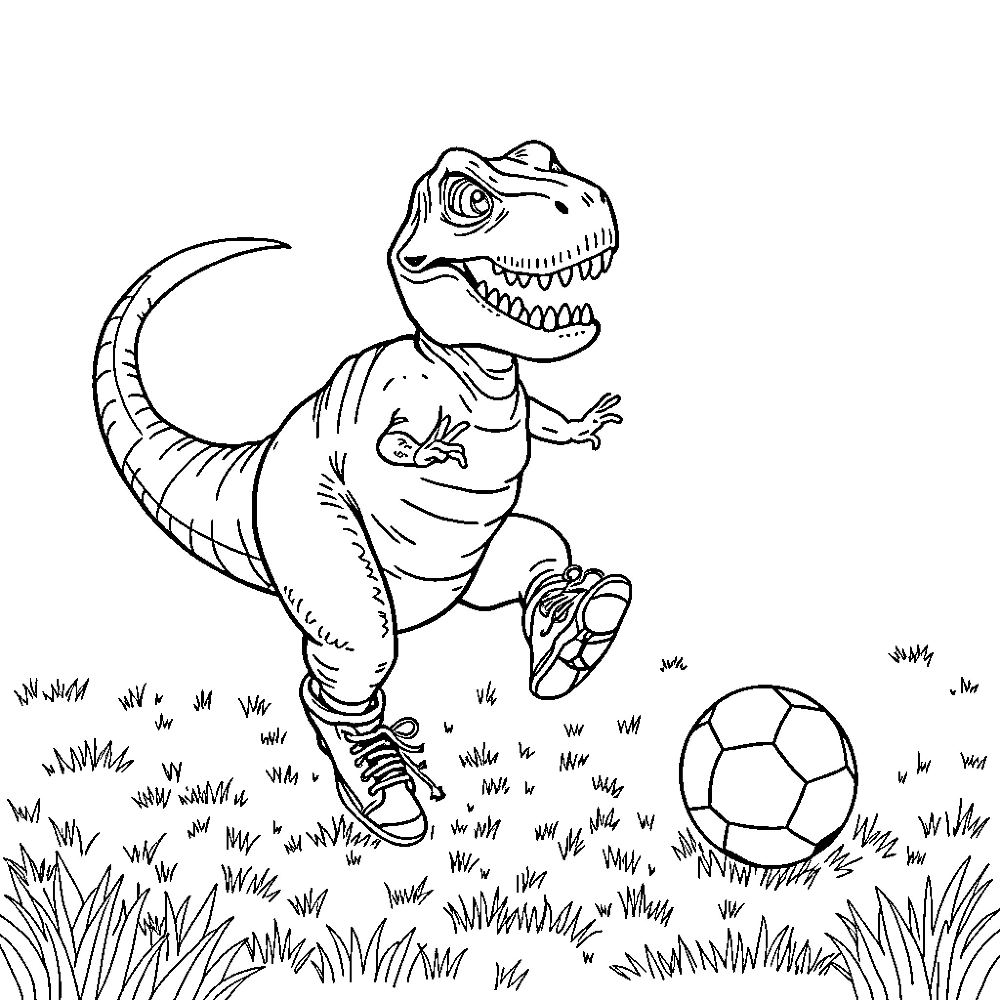 T-Rex playing with soccer ball in the grass Coloring Page (free black-and-white line drawing printable PDF for all, from beginners to advanced learners, including children, teens, adults, and seniors)