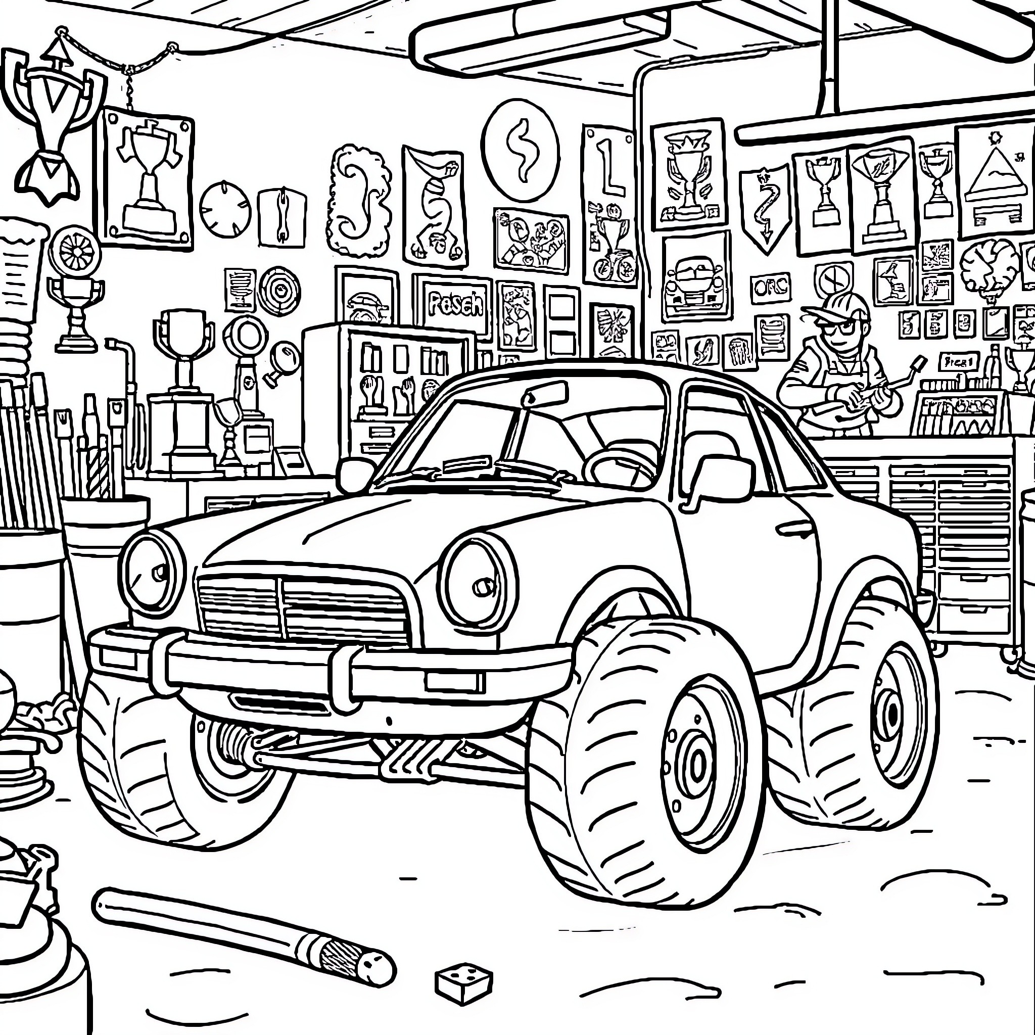 Car Workshop with Garage Items and Accessories Coloring Page (free black-and-white line drawing printable PDF for all, from beginners to advanced learners, including children, teens, adults, and seniors)
