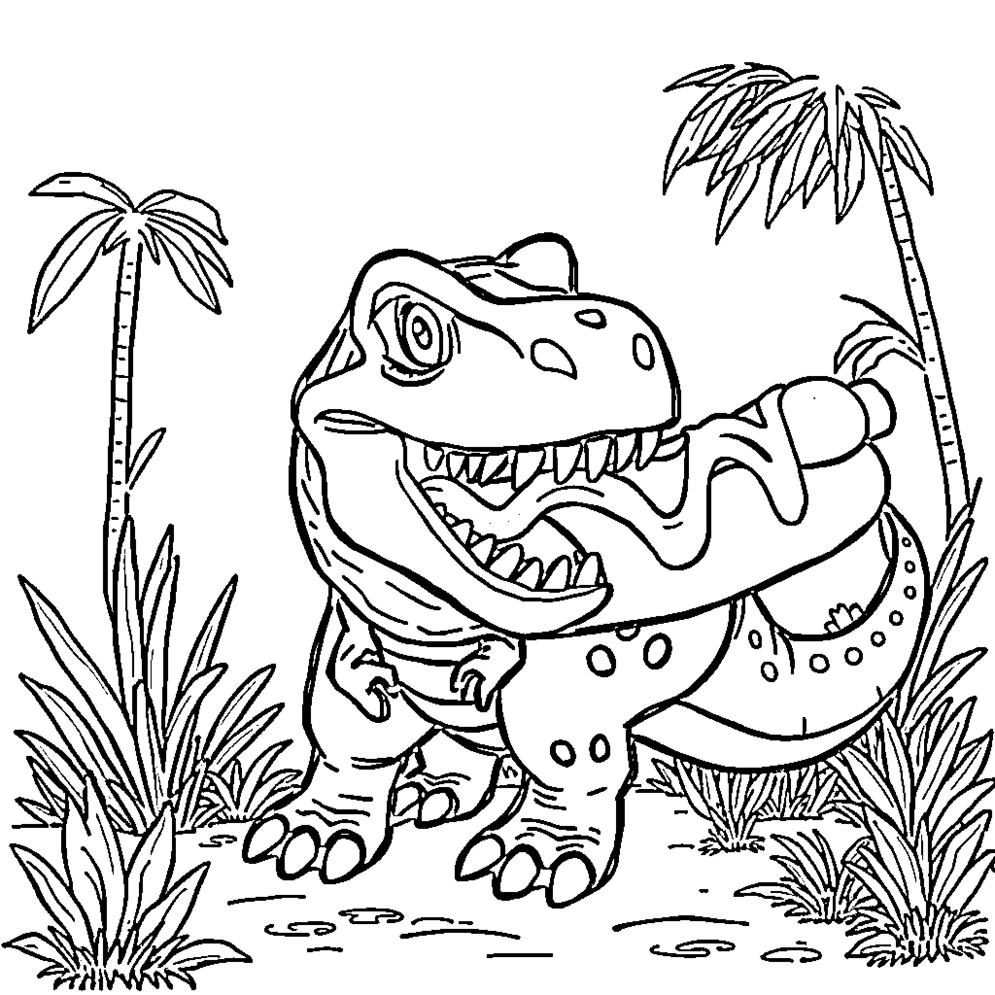 Dinosaur roaring in a tropical jungle Coloring Page (free black-and-white line drawing printable PDF for all, from beginners to advanced learners, including children, teens, adults, and seniors)