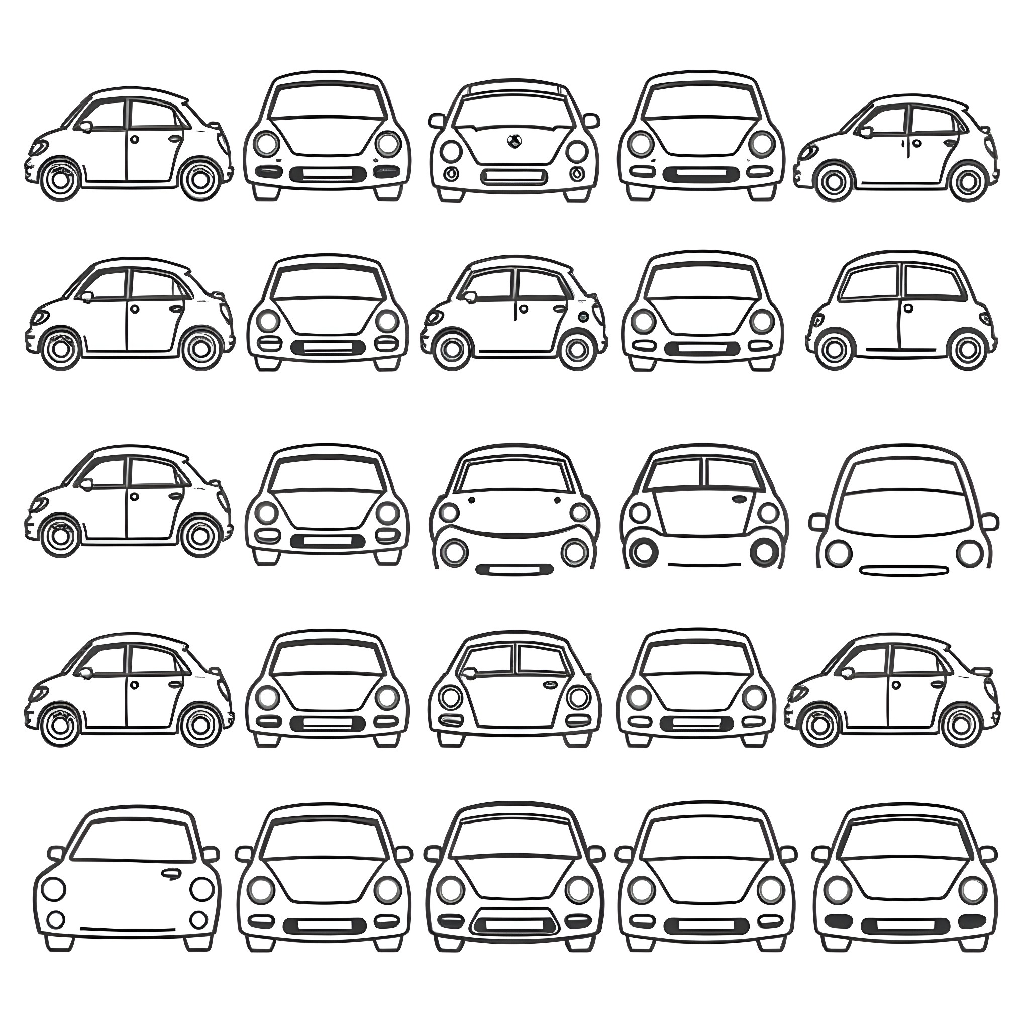 Car icons with different designs and styles Coloring Page (free black-and-white line drawing printable PDF for all, from beginners to advanced learners, including children, teens, adults, and seniors)