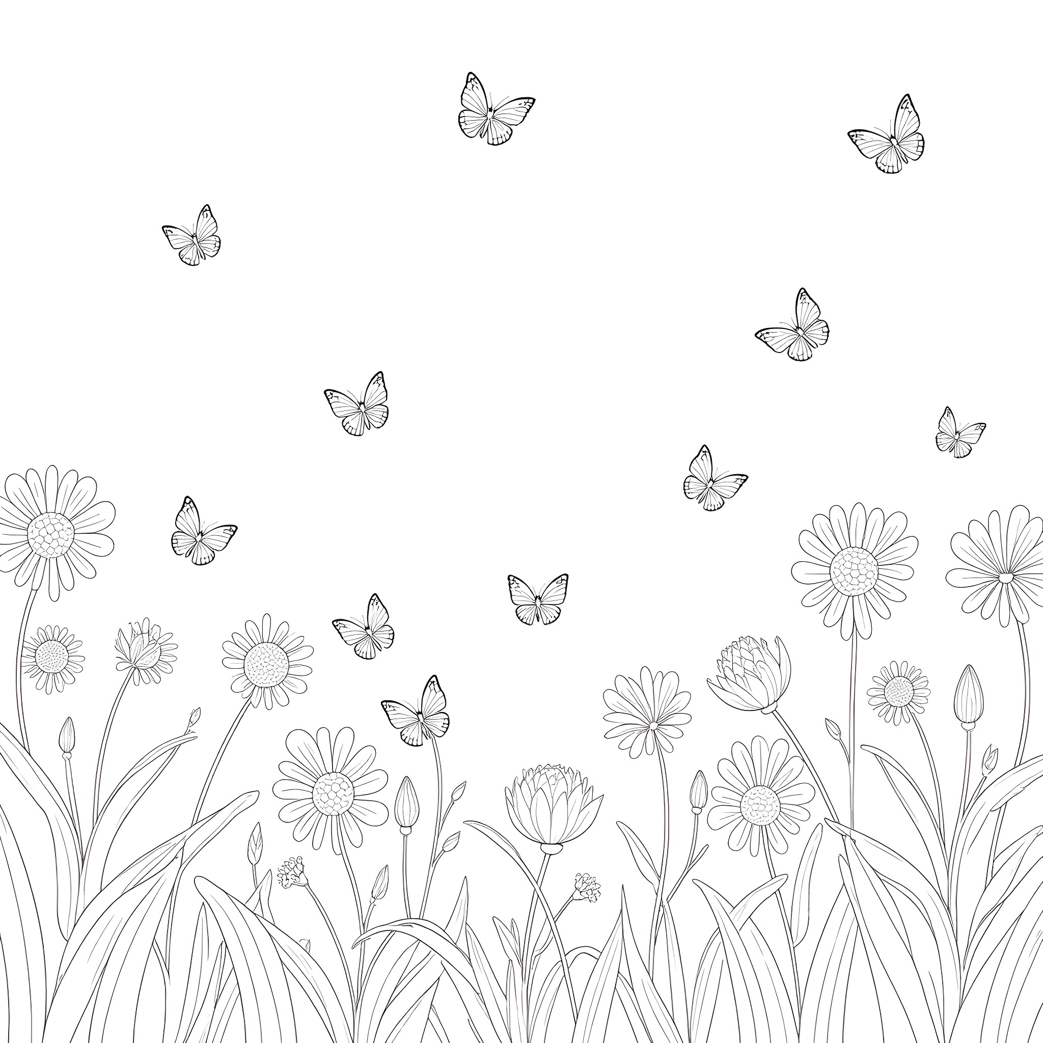 Butterflies fluttering amidst blooming flowers Coloring Page (free black-and-white line drawing printable PDF for all, from beginners to advanced learners, including children, teens, adults, and seniors)